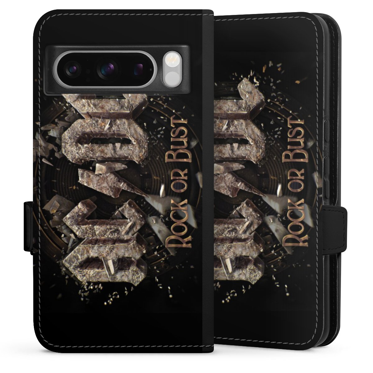 Google Pixel 8 Pro Handy Klapphülle Handyhülle aus Kunst Leder schwarz Flip Case Acdc Official Licensed Product Rock Or Bust Sideflip mit Lasche