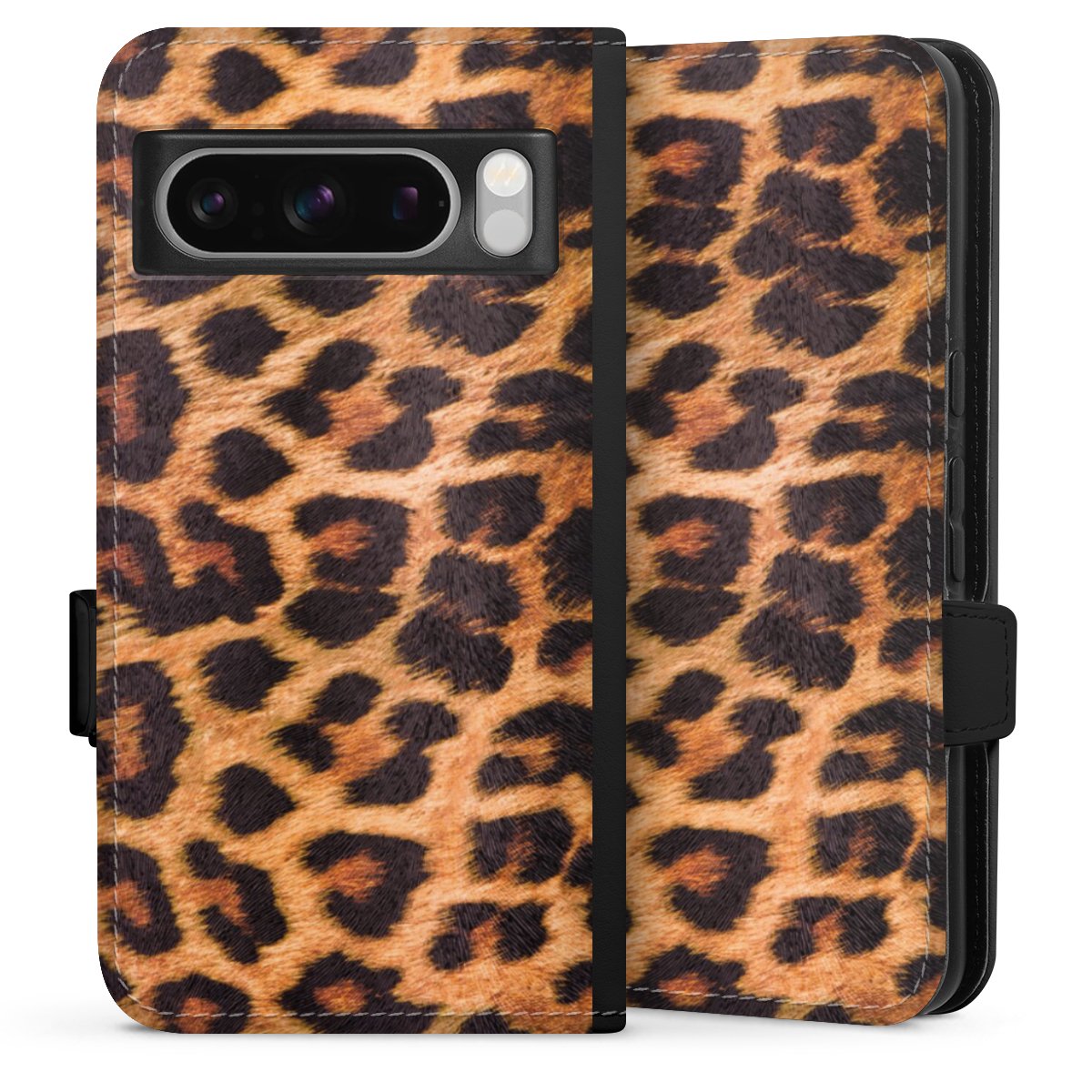 Google Pixel 8 Pro Handy Klapphülle Handyhülle aus Kunst Leder schwarz Flip Case Animal Print Leopard Fur Sideflip mit Lasche