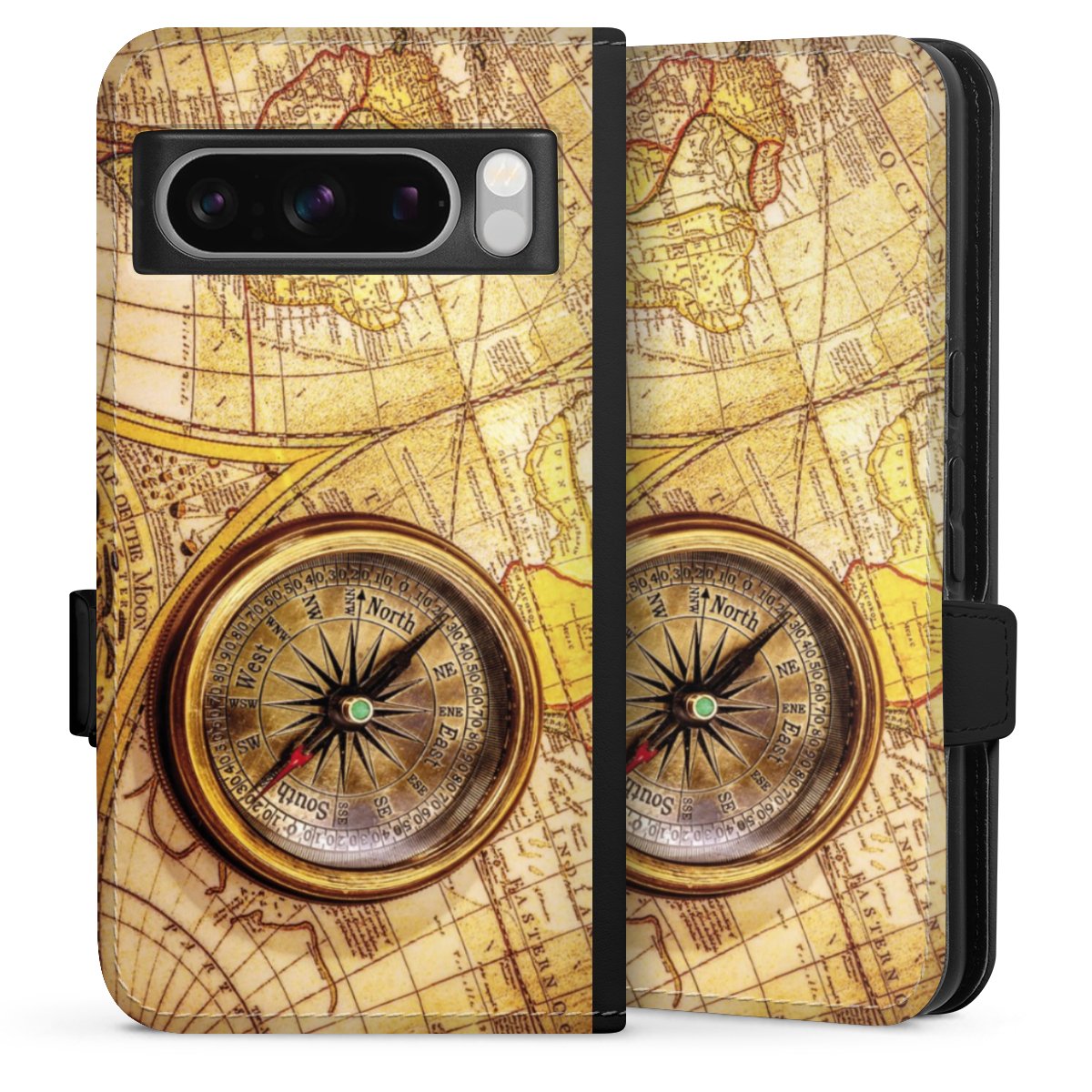 Google Pixel 8 Pro Handy Klapphülle Handyhülle aus Kunst Leder schwarz Flip Case World Map Map Compass Sideflip mit Lasche