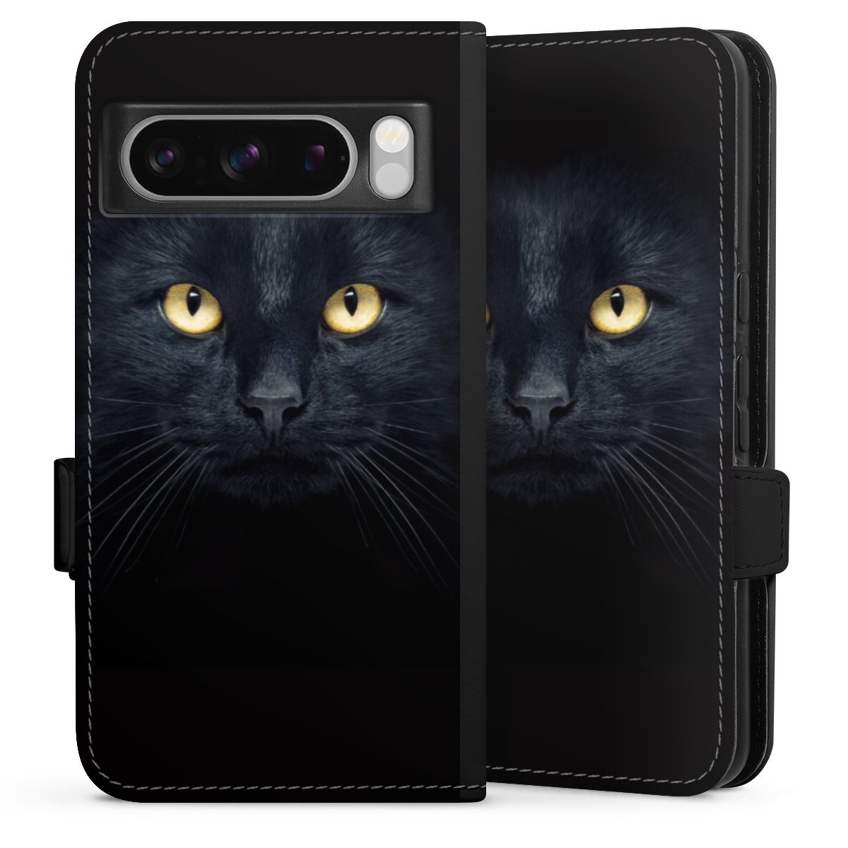 Google Pixel 8 Pro Handy Klapphülle Handyhülle aus Kunst Leder schwarz Flip Case Eye Cat Black Sideflip mit Lasche