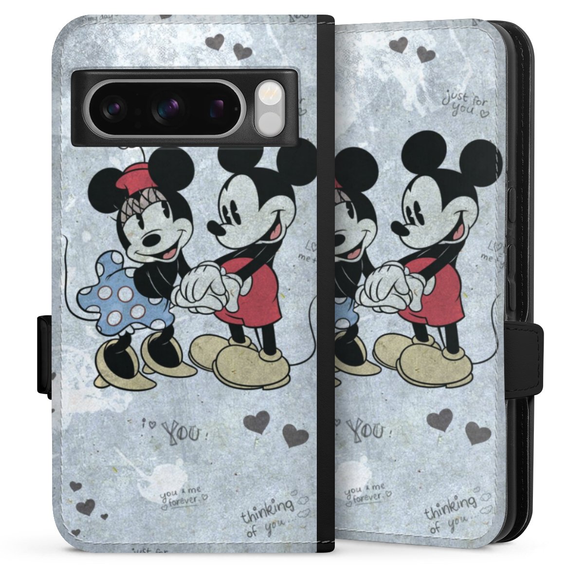 Google Pixel 8 Pro Handy Klapphülle Handyhülle aus Kunst Leder schwarz Flip Case Mickey & Minnie Mouse Vintage Disney Sideflip mit Lasche