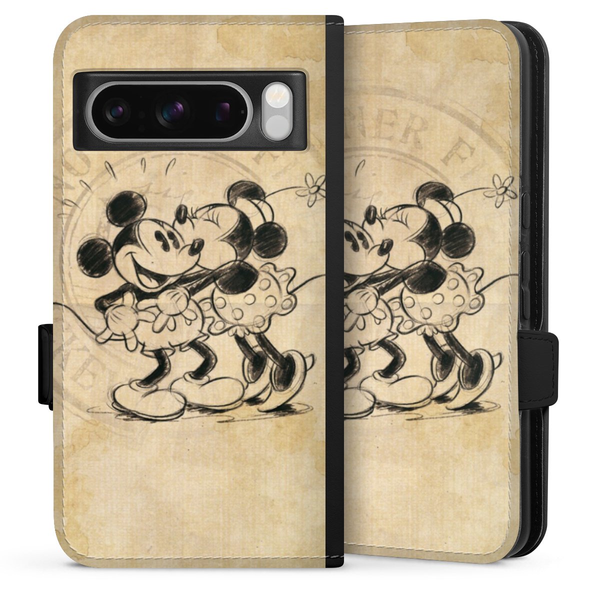 Google Pixel 8 Pro Handy Klapphülle Handyhülle aus Kunst Leder schwarz Flip Case Mickey Mouse Vintage Minnie Mouse Sideflip mit Lasche