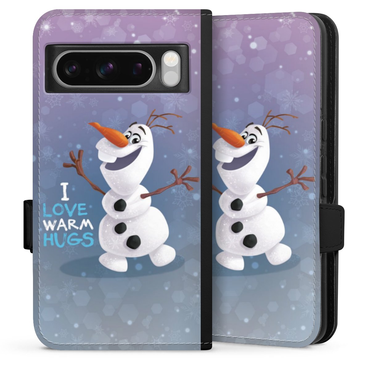 Google Pixel 8 Pro Handy Klapphülle Handyhülle aus Kunst Leder schwarz Flip Case Frozen Frozen Olaf Official Licensed Product Sideflip mit Lasche