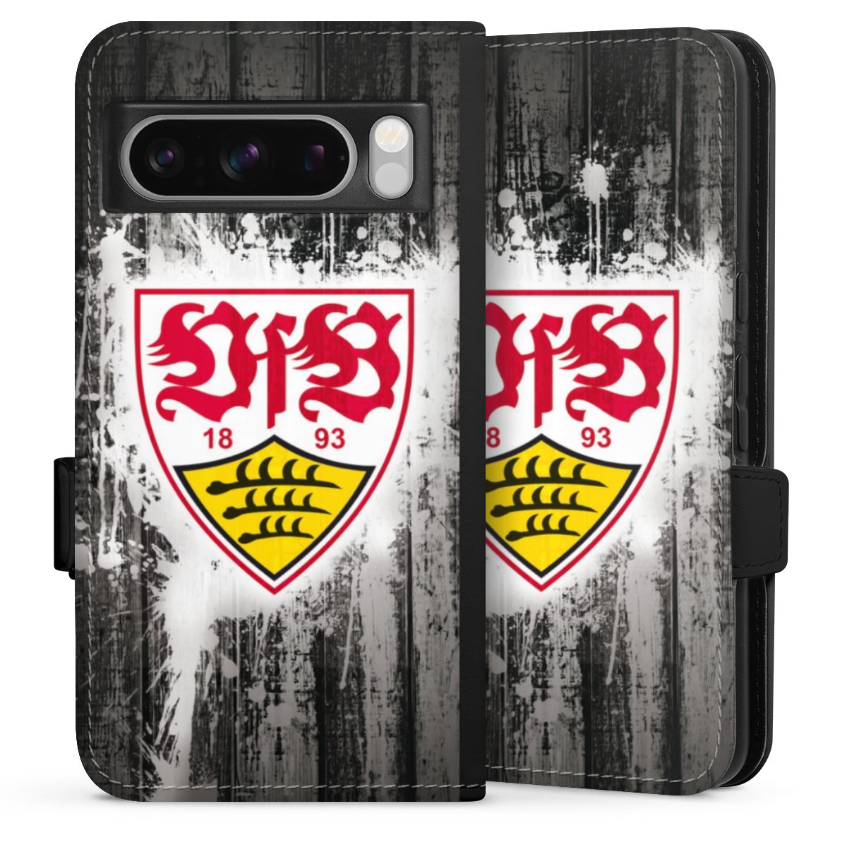 Google Pixel 8 Pro Handy Klapphülle Handyhülle aus Kunst Leder schwarz Flip Case Vfb Stuttgart Official Licensed Product Sideflip mit Lasche