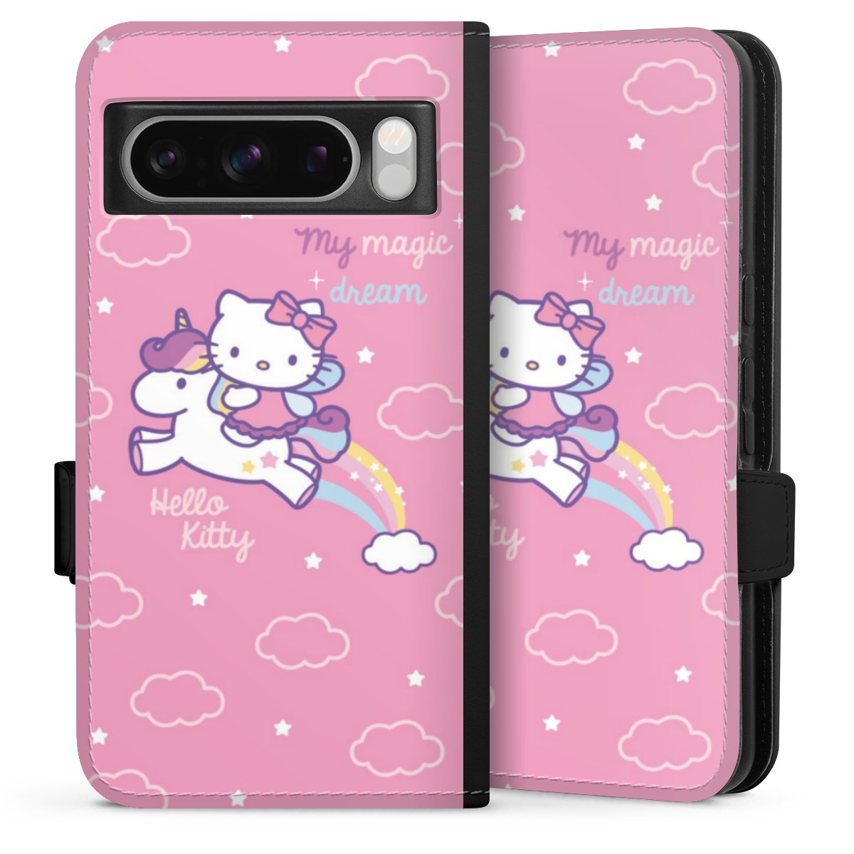 Google Pixel 8 Pro Handy Klapphülle Handyhülle aus Kunst Leder schwarz Flip Case Einhorn Official Licensed Product Hello Kitty Sideflip mit Lasche