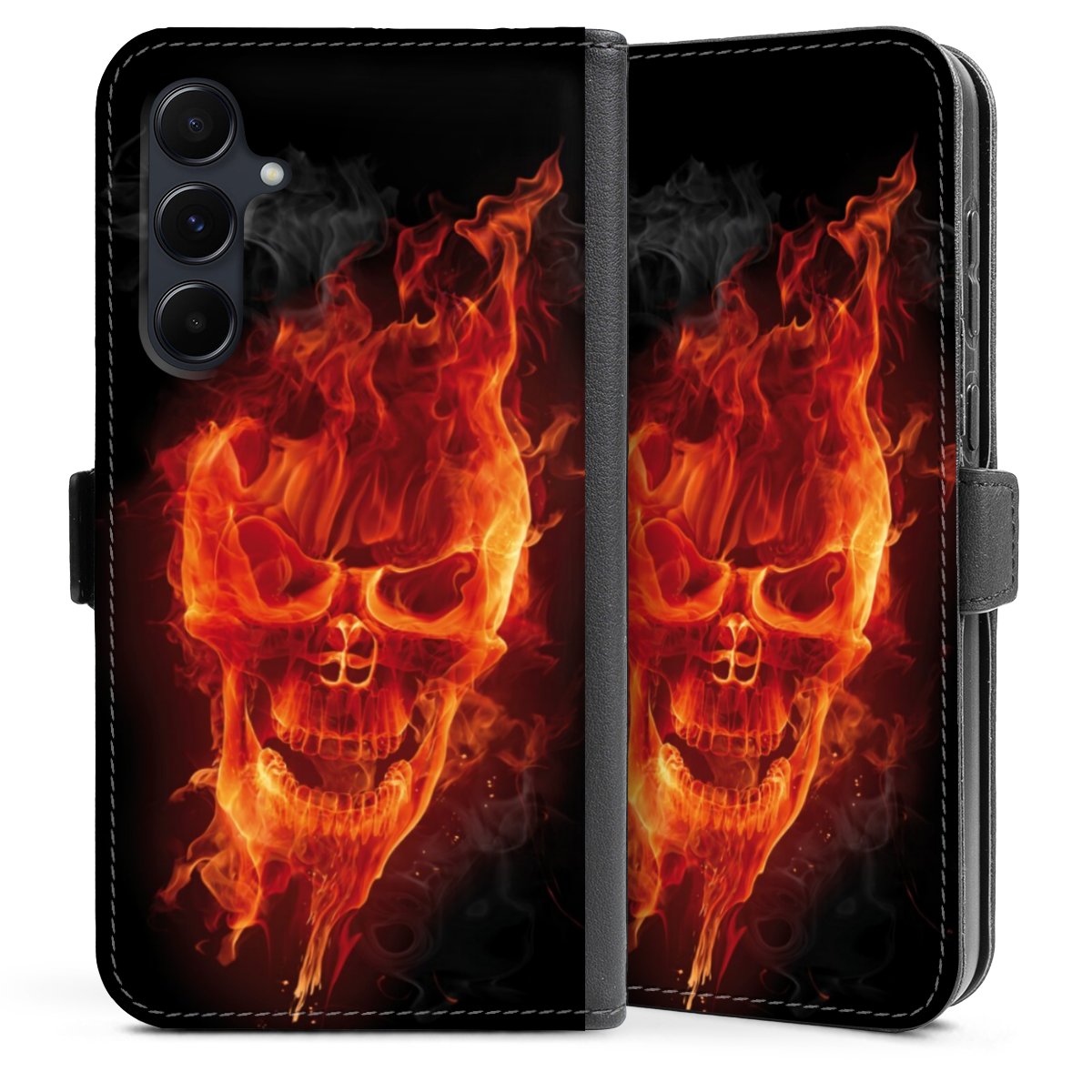 Galaxy A35 5G Handy Klapphülle Handyhülle aus Kunst Leder schwarz Flip Case Totenkopf Skull Fire Sideflip mit Lasche