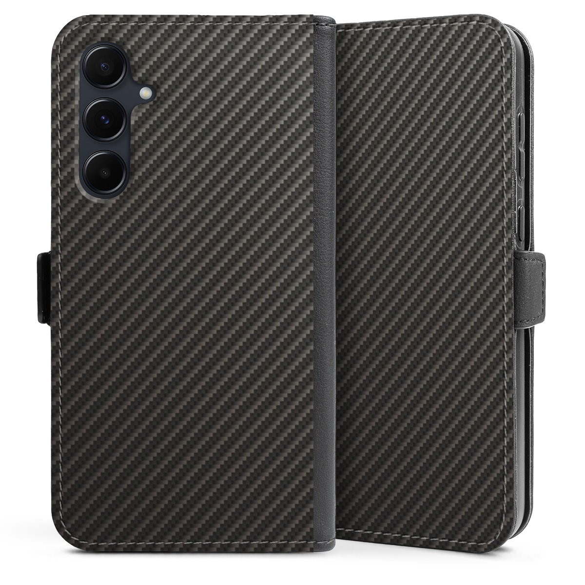 Galaxy A35 5G Handy Klapphülle Handyhülle aus Kunst Leder schwarz Flip Case Metallic Look Carbon Muster Sideflip mit Lasche