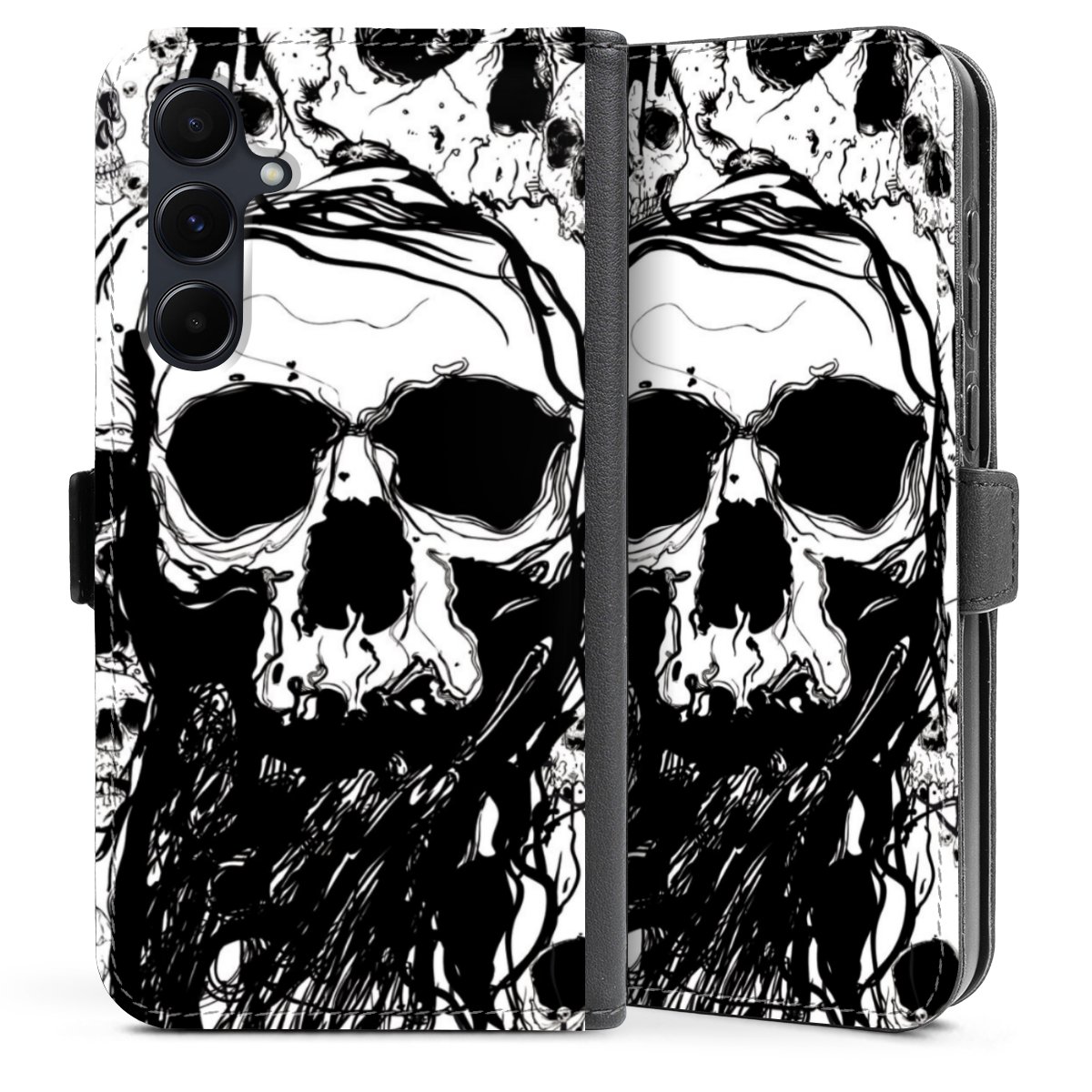 Galaxy A35 5G Handy Klapphülle Handyhülle aus Kunst Leder schwarz Flip Case Totenkopf Halloween Sideflip mit Lasche