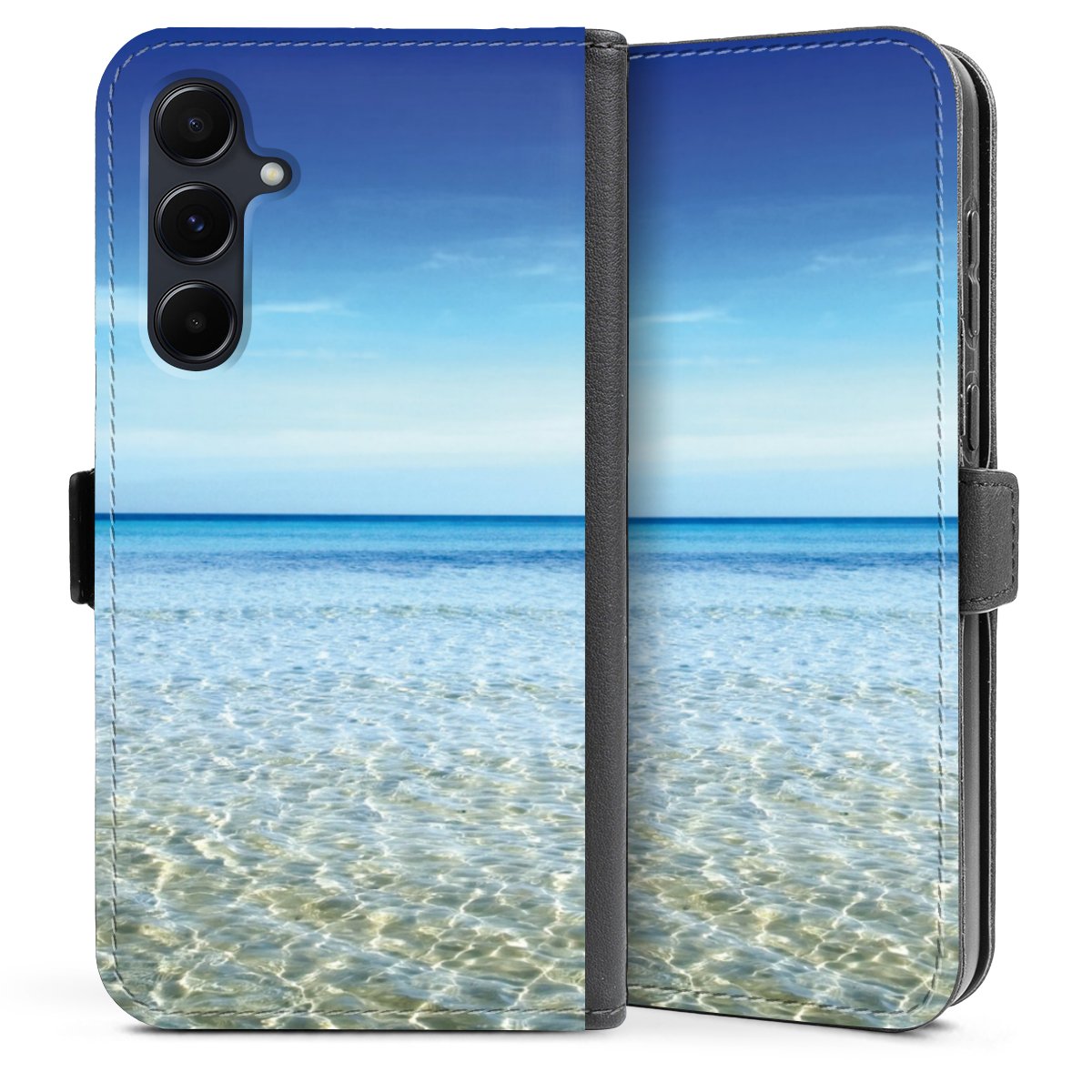 Galaxy A35 5G Handy Klapphülle Handyhülle aus Kunst Leder schwarz Flip Case Urlaub Sky Ocean Sideflip mit Lasche