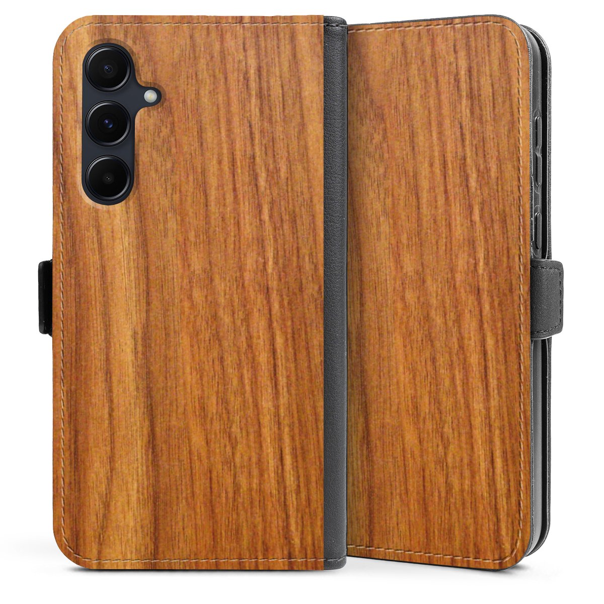 Galaxy A35 5G Handy Klapphülle Handyhülle aus Kunst Leder schwarz Flip Case Wood Larch Wooden Look Sideflip mit Lasche