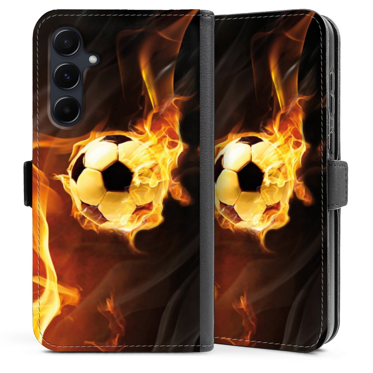 Galaxy A35 5G Handy Klapphülle Handyhülle aus Kunst Leder schwarz Flip Case Ball Fire Soccer Sideflip mit Lasche