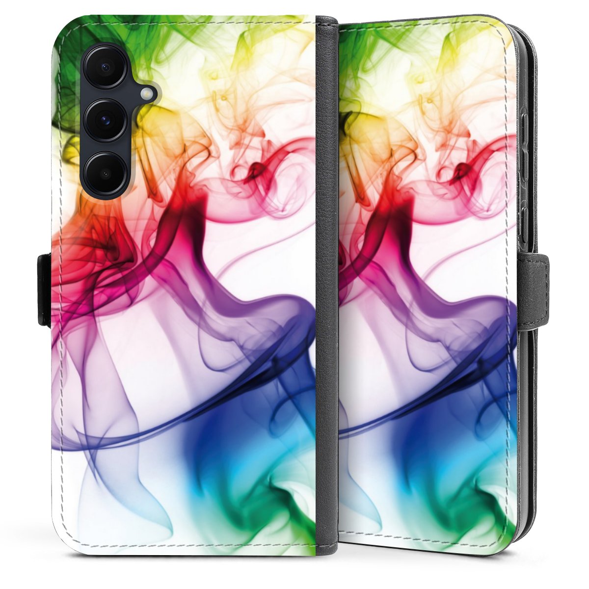 Galaxy A35 5G Handy Klapphülle Handyhülle aus Kunst Leder schwarz Flip Case Water Colour Rainbow Sideflip mit Lasche