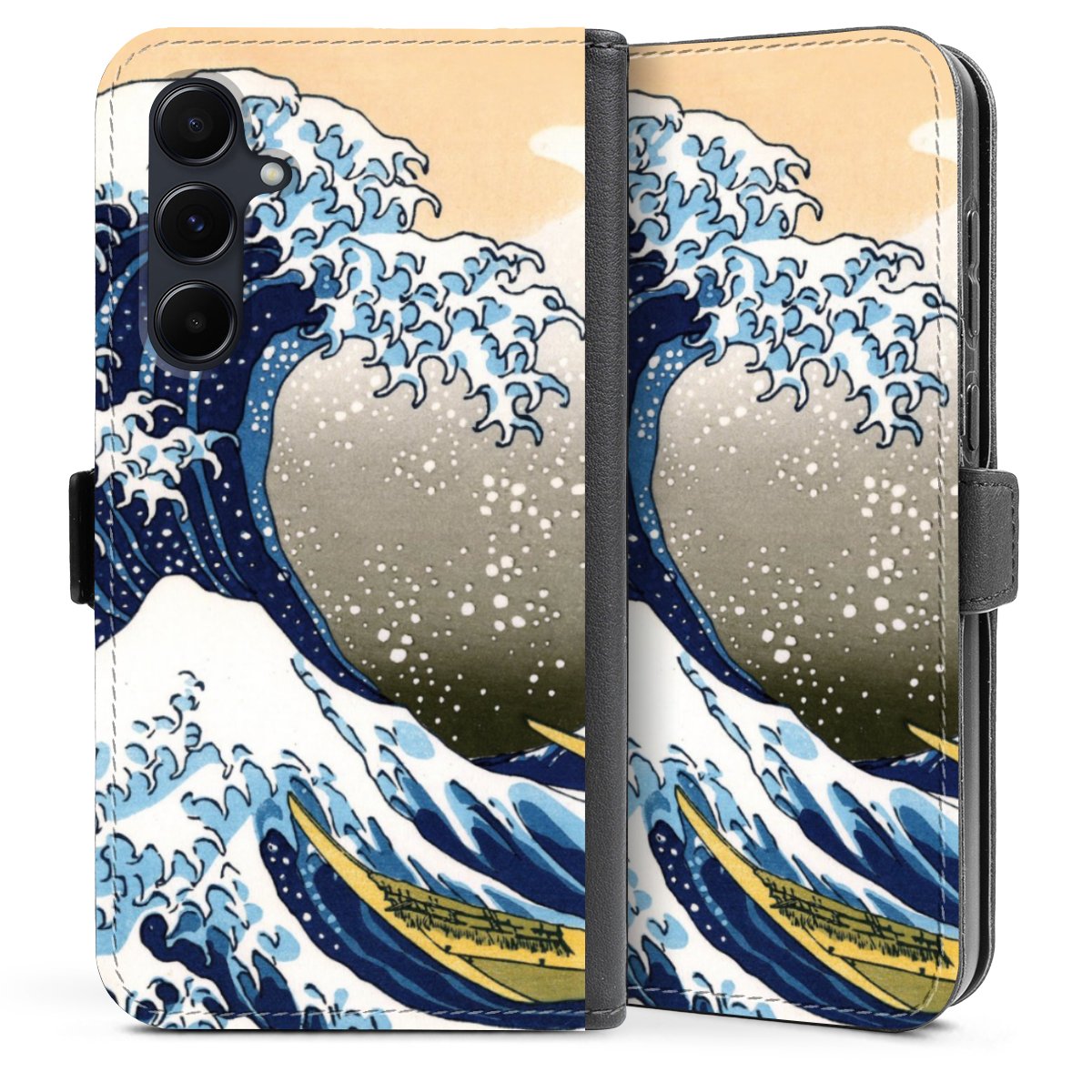 Galaxy A35 5G Handy Klapphülle Handyhülle aus Kunst Leder schwarz Flip Case Kunst Katsushika Hokusai Die Große Welle Vor Kanagawa Sideflip mit Lasche