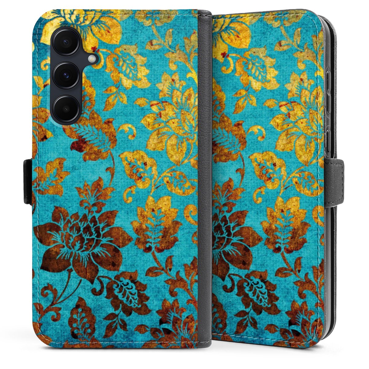 Galaxy A35 5G Handy Klapphülle Handyhülle aus Kunst Leder schwarz Flip Case Ornament Vintage Flowers Sideflip mit Lasche