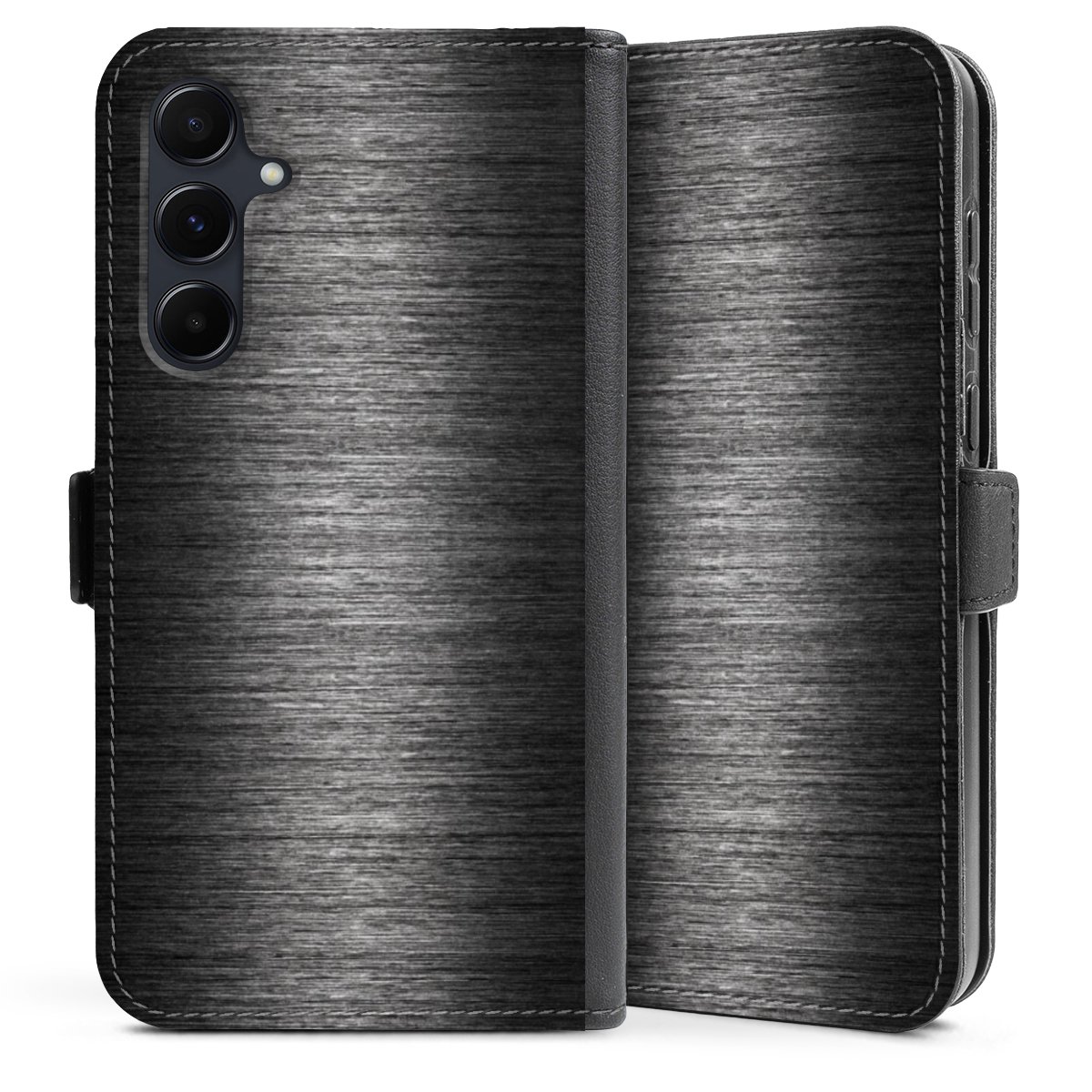 Galaxy A35 5G Handy Klapphülle Handyhülle aus Kunst Leder schwarz Flip Case Metallic Look Anthracite Metal Sideflip mit Lasche