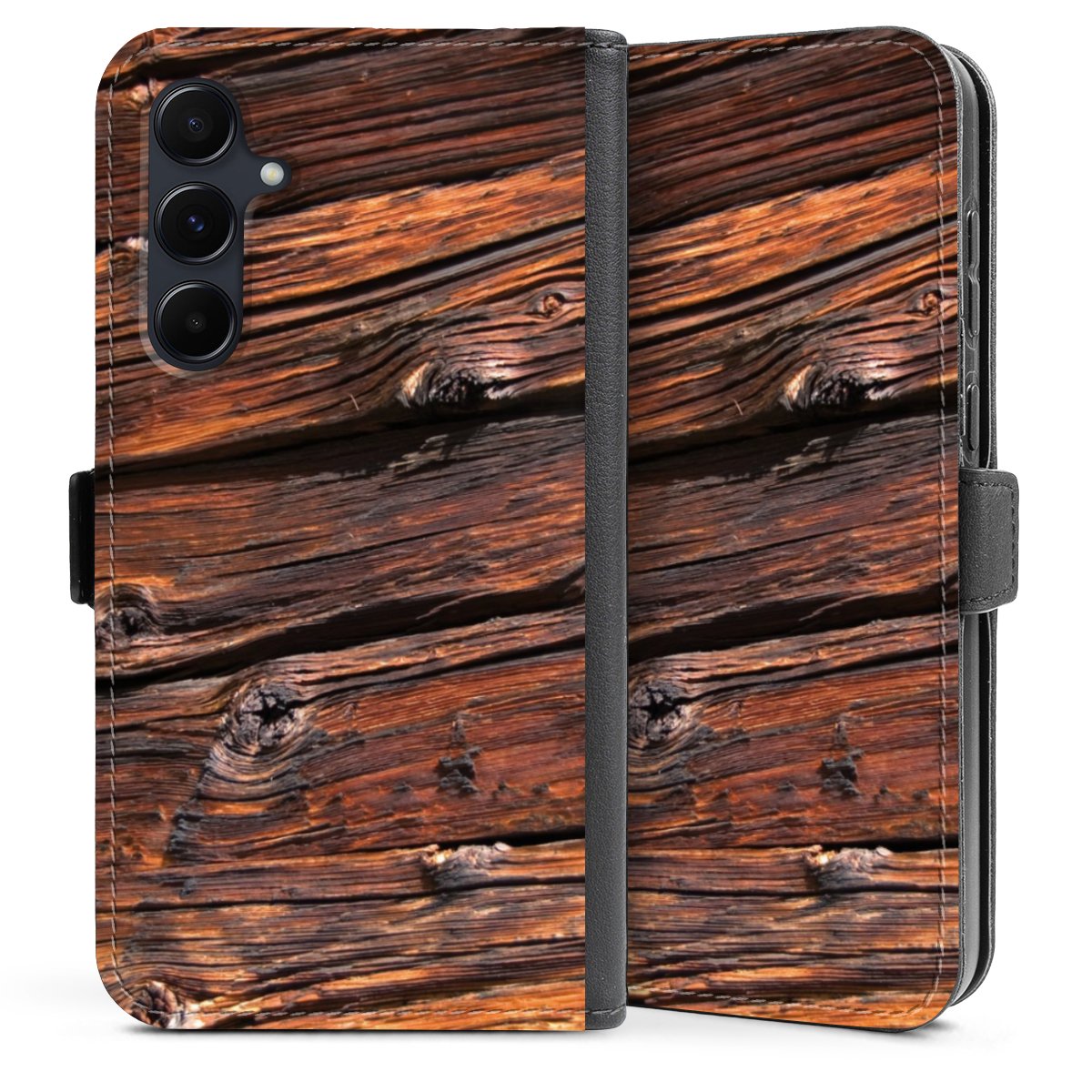 Galaxy A35 5G Handy Klapphülle Handyhülle aus Kunst Leder schwarz Flip Case Beams Wooden Look Wood Sideflip mit Lasche