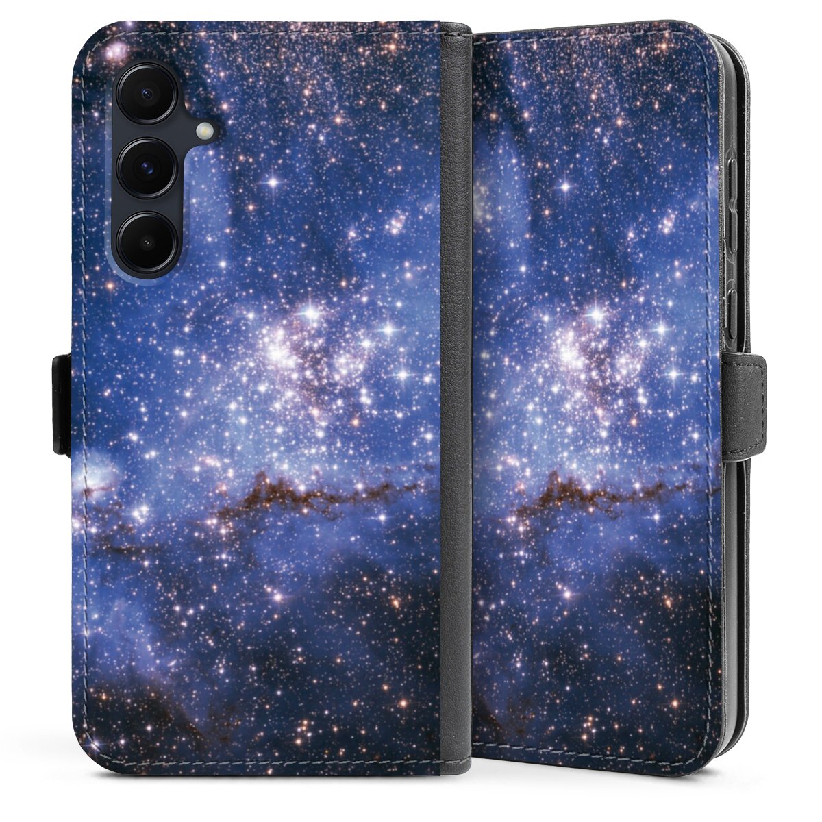 Galaxy A35 5G Handy Klapphülle Handyhülle aus Kunst Leder schwarz Flip Case Weltall Galaxy Weltraum Sideflip mit Lasche