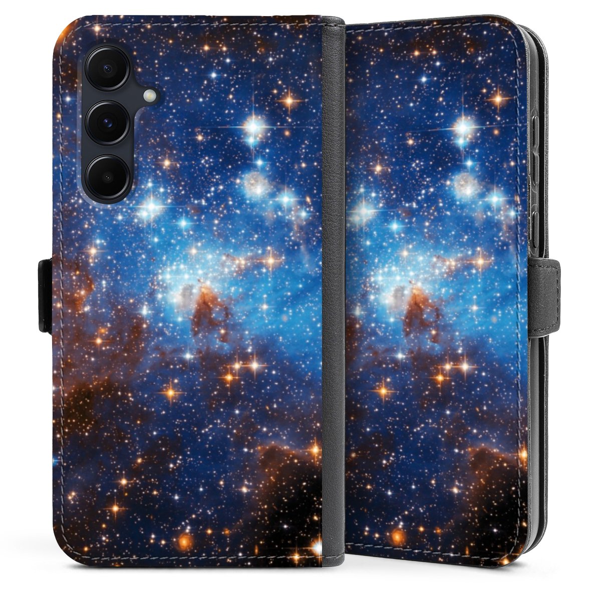 Galaxy A35 5G Handy Klapphülle Handyhülle aus Kunst Leder schwarz Flip Case Star Weltall Galaxy Sideflip mit Lasche