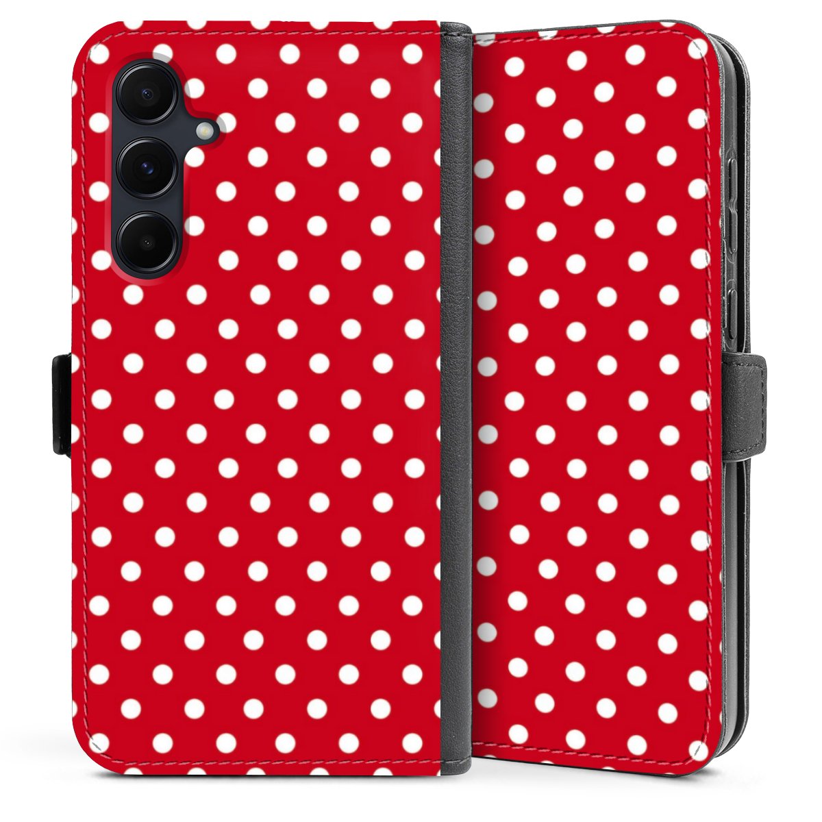 Galaxy A35 5G Handy Klapphülle Handyhülle aus Kunst Leder schwarz Flip Case Points Polka Dots Retro Sideflip mit Lasche