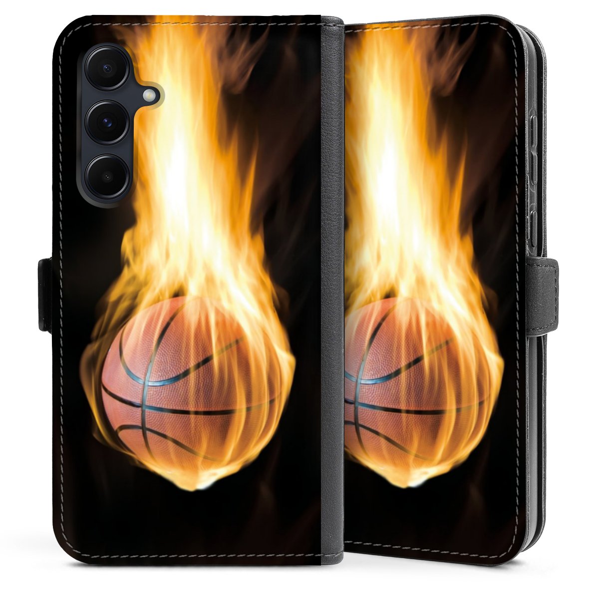 Galaxy A35 5G Handy Klapphülle Handyhülle aus Kunst Leder schwarz Flip Case Basketball Sports Fire Sideflip mit Lasche