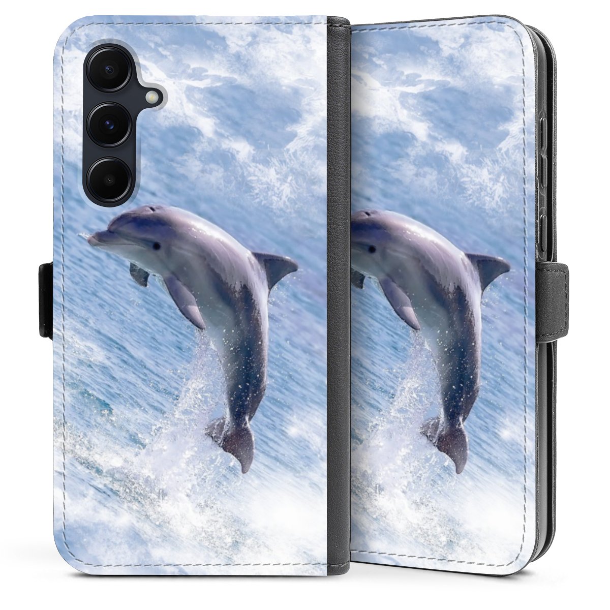 Galaxy A35 5G Handy Klapphülle Handyhülle aus Kunst Leder schwarz Flip Case Dolphin Ocean Wale Sideflip mit Lasche