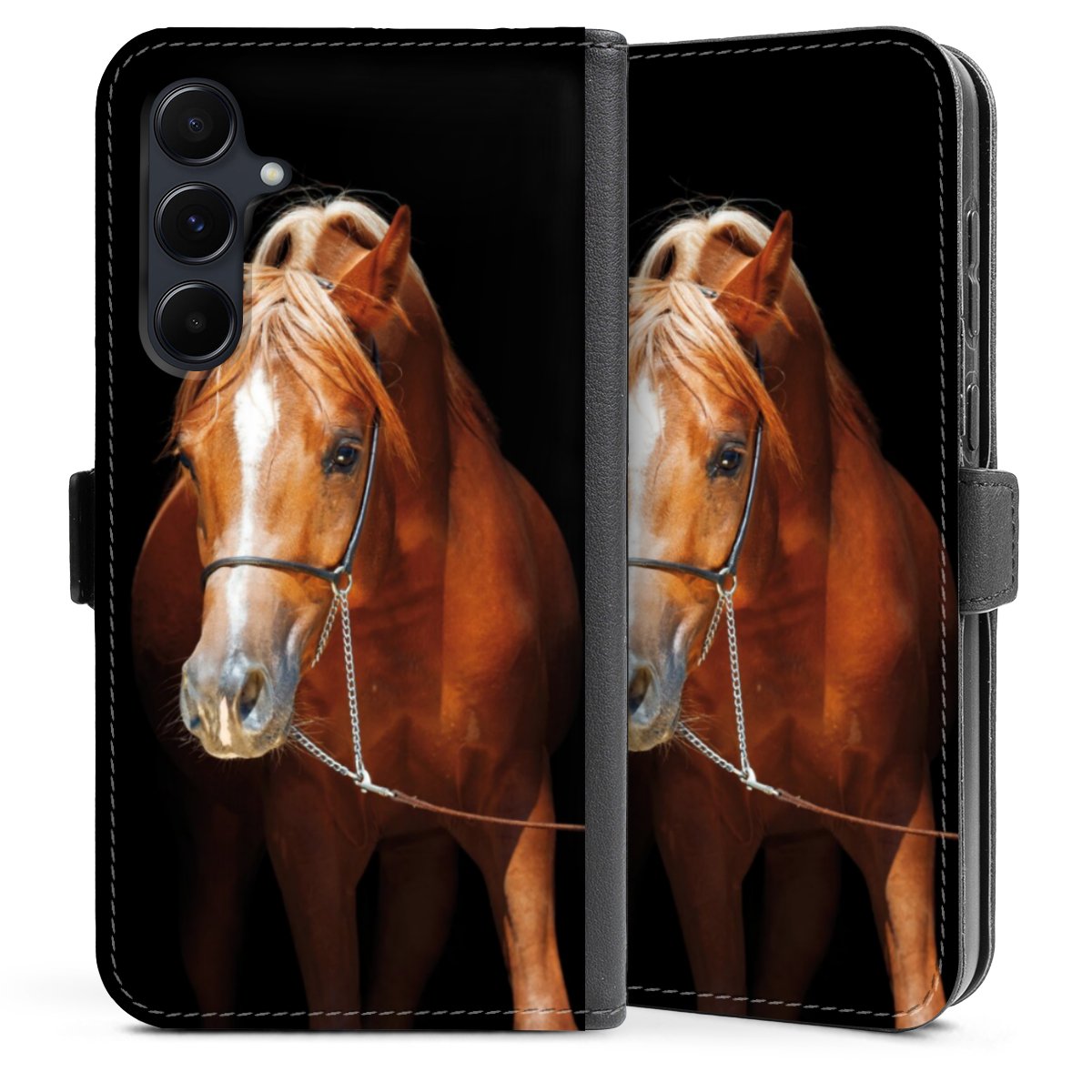 Galaxy A35 5G Handy Klapphülle Handyhülle aus Kunst Leder schwarz Flip Case Mare Horse Hobby Sideflip mit Lasche