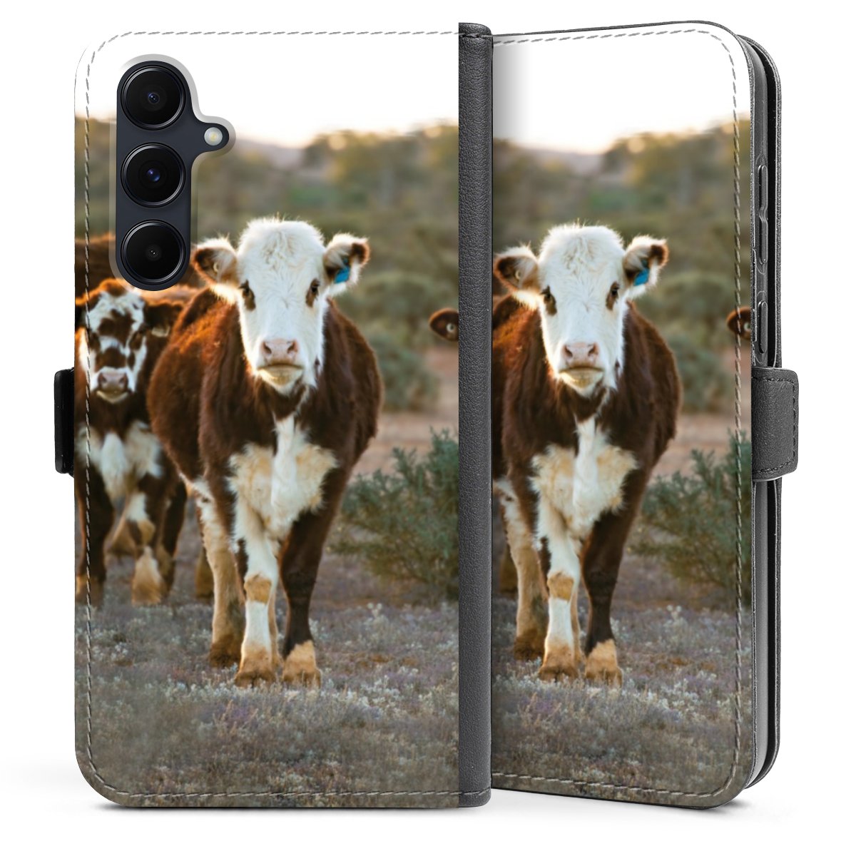 Galaxy A35 5G Handy Klapphülle Handyhülle aus Kunst Leder schwarz Flip Case Cow Farmer Calf Sideflip mit Lasche