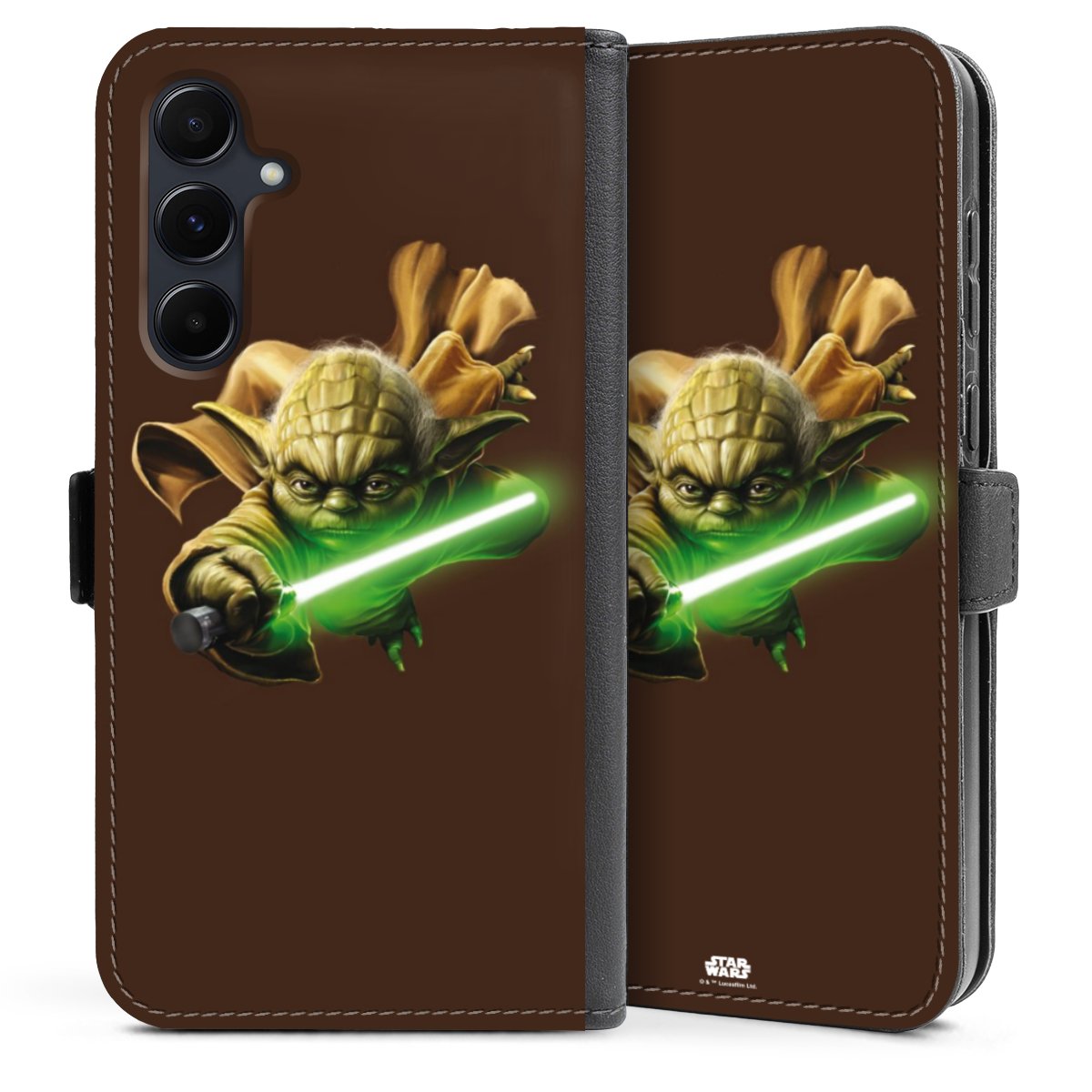 Galaxy A35 5G Handy Klapphülle Handyhülle aus Kunst Leder schwarz Flip Case Yoda Merchandise Star Wars Sideflip mit Lasche