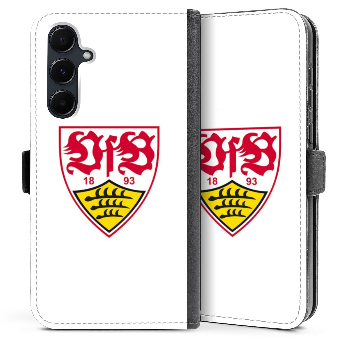 Galaxy A35 5G Handy Klapphülle Handyhülle aus Kunst Leder schwarz Flip Case Logo Official Licensed Product Vfb Stuttgart Sideflip mit Lasche