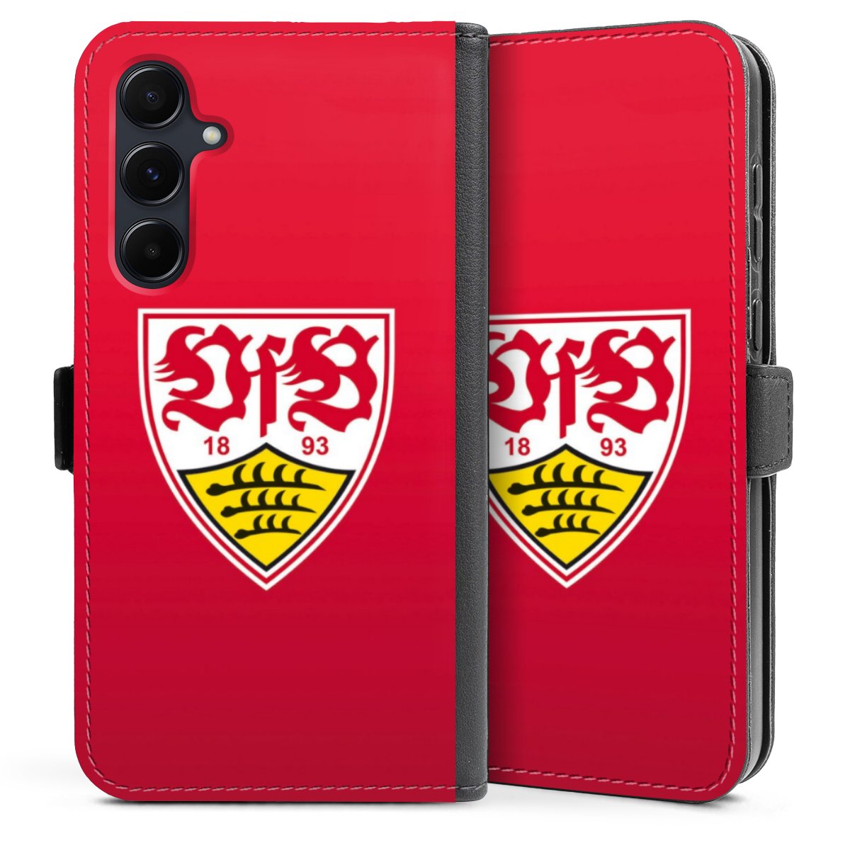 Galaxy A35 5G Handy Klapphülle Handyhülle aus Kunst Leder schwarz Flip Case Official Licensed Product Vfb Stuttgart Sideflip mit Lasche