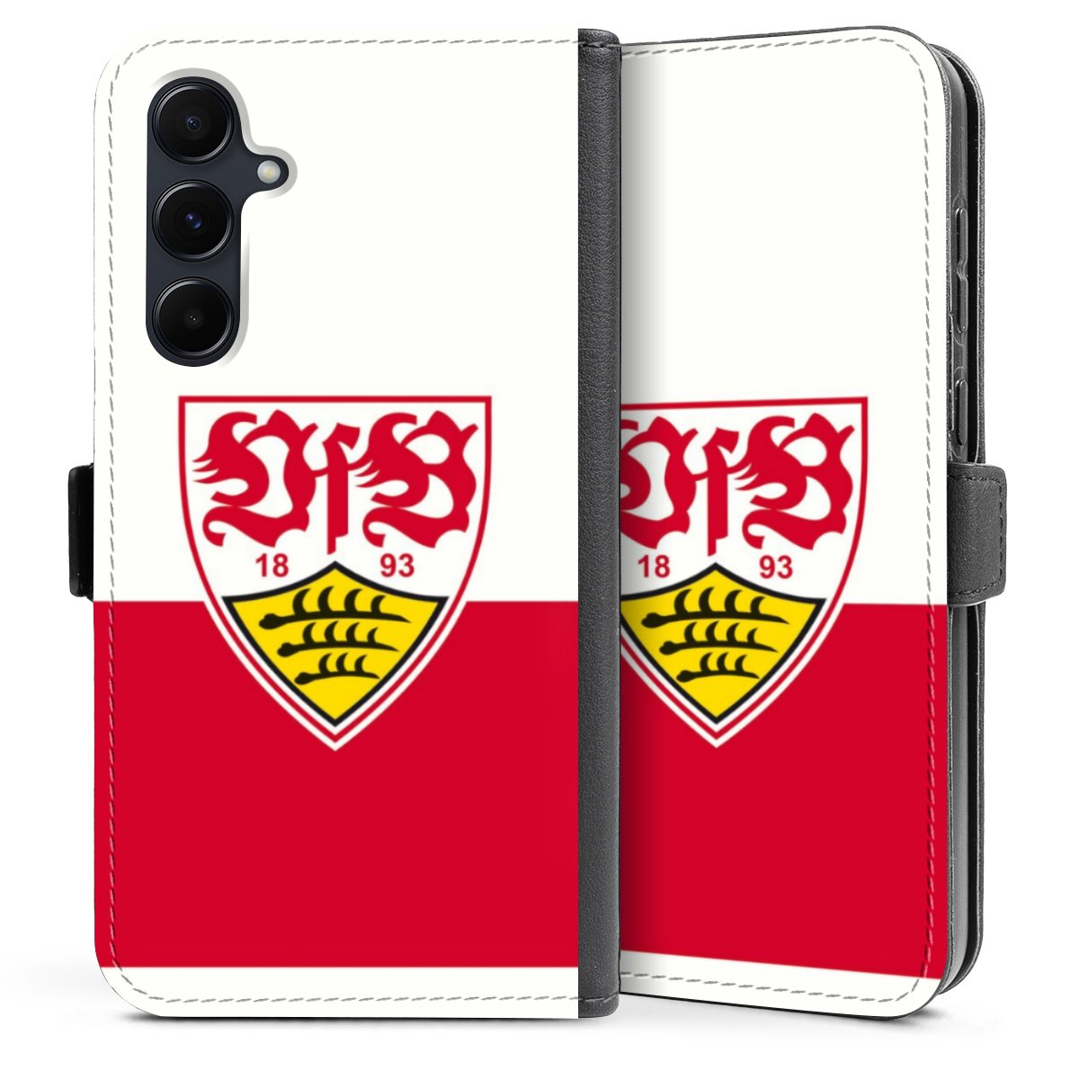 Galaxy A35 5G Handy Klapphülle Handyhülle aus Kunst Leder schwarz Flip Case Official Licensed Product Logo Vfb Stuttgart Sideflip mit Lasche