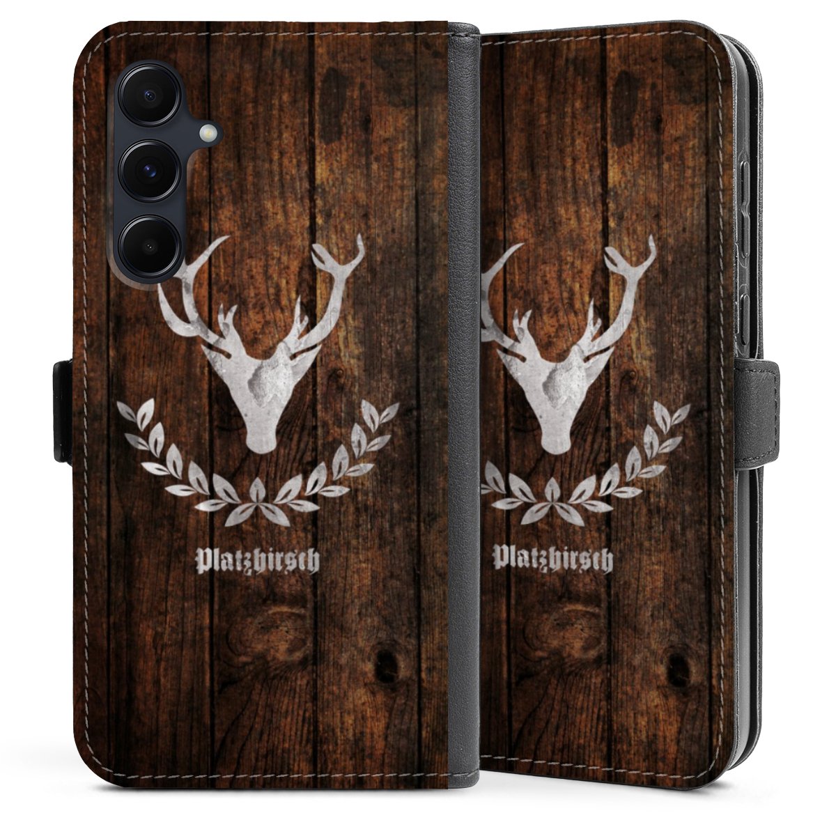 Galaxy A35 5G Handy Klapphülle Handyhülle aus Kunst Leder schwarz Flip Case Deer Wood Wooden Look Sideflip mit Lasche