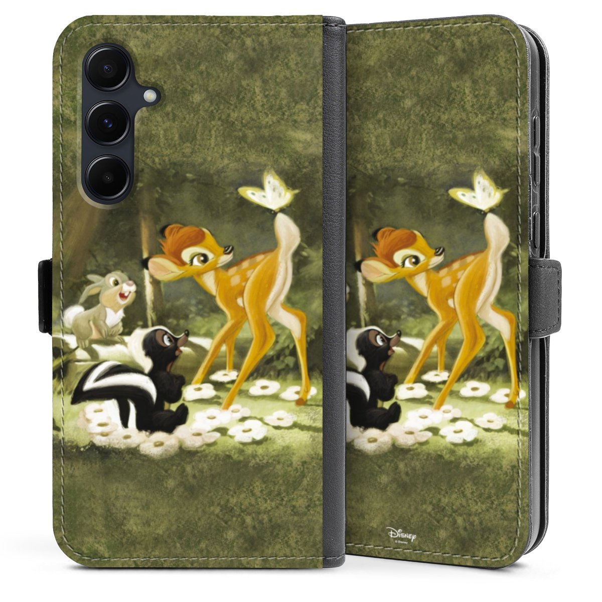 Galaxy A35 5G Handy Klapphülle Handyhülle aus Kunst Leder schwarz Flip Case Disney Official Licensed Product Bambi Sideflip mit Lasche