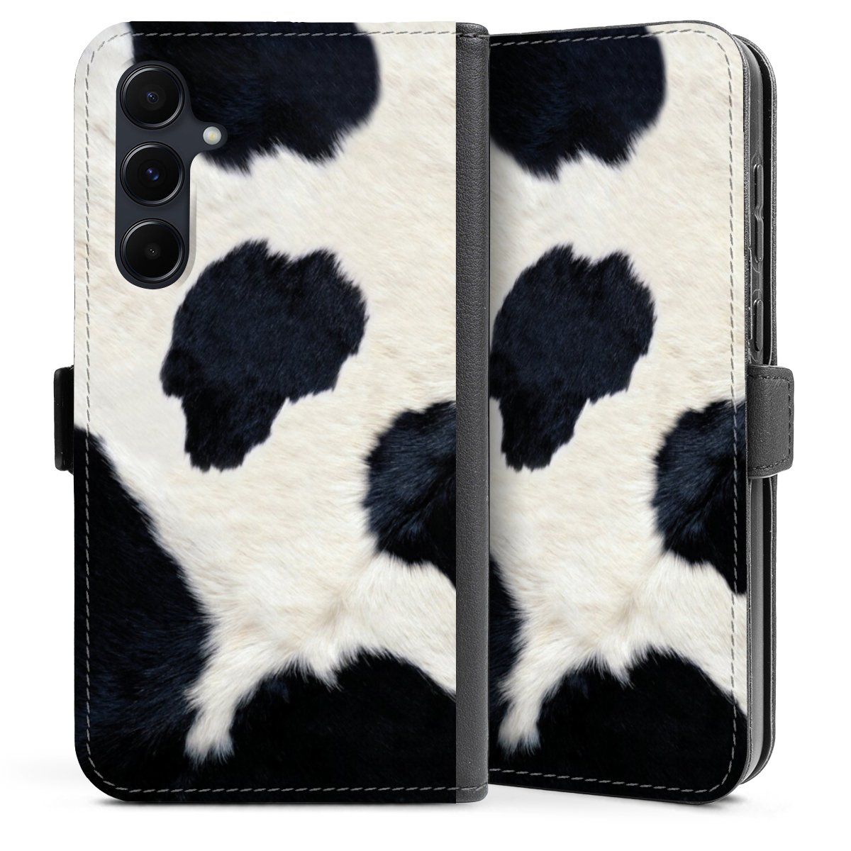 Galaxy A35 5G Handy Klapphülle Handyhülle aus Kunst Leder schwarz Flip Case Animal Look Animal Print Cow Skin Sideflip mit Lasche