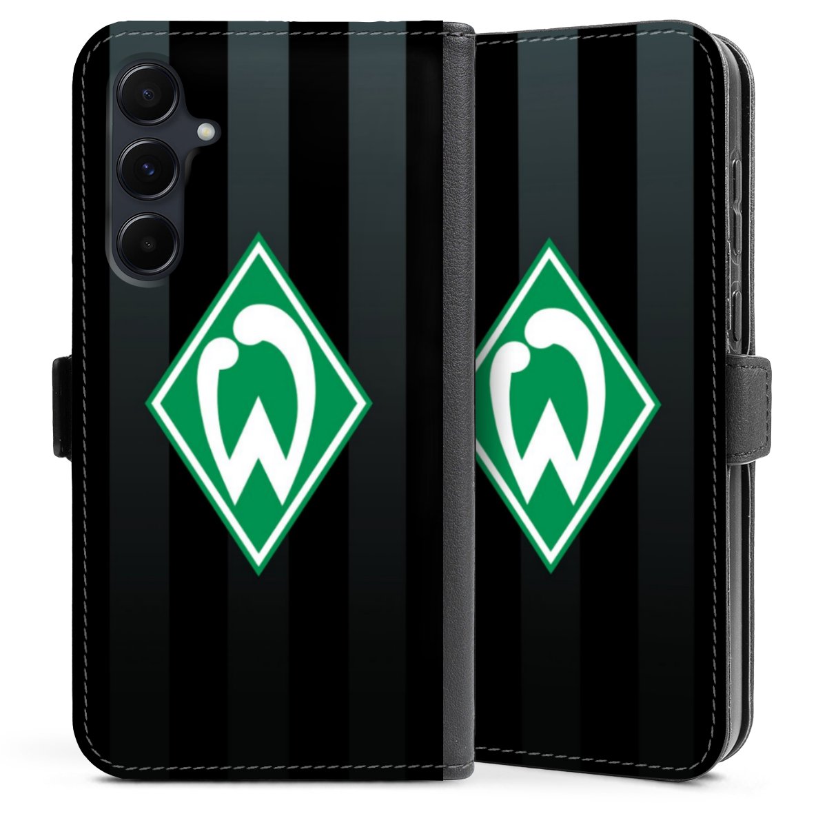 Galaxy A35 5G Handy Klapphülle Handyhülle aus Kunst Leder schwarz Flip Case Stripes Sv Werder Bremen Official Licensed Product Sideflip mit Lasche