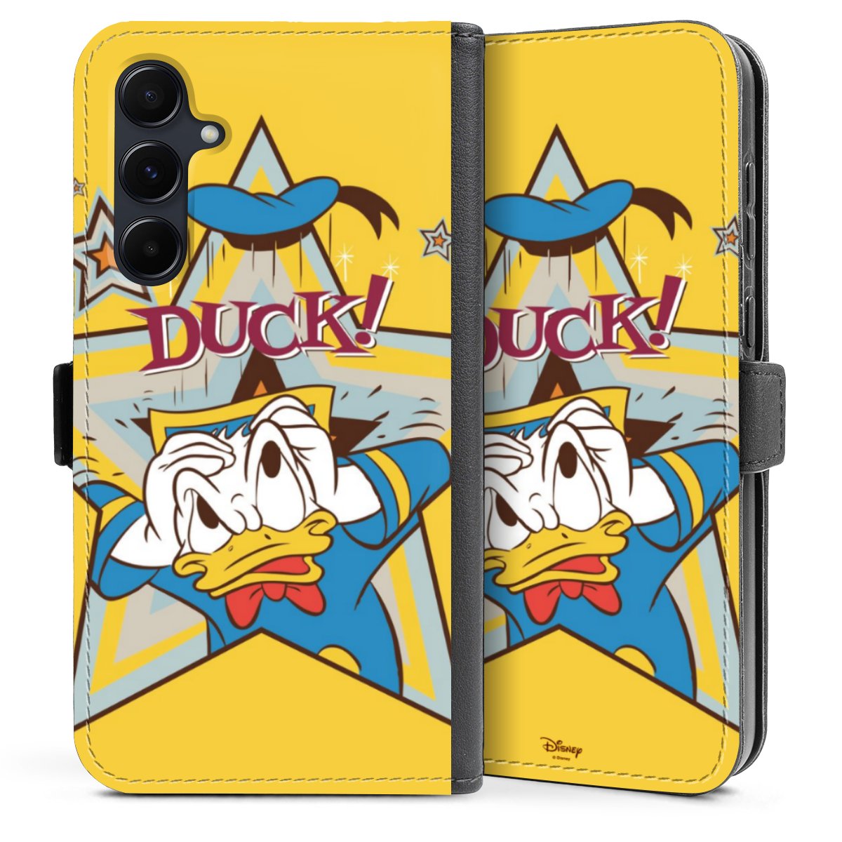 Galaxy A35 5G Handy Klapphülle Handyhülle aus Kunst Leder schwarz Flip Case Official Licensed Product Donald Duck Disney Sideflip mit Lasche