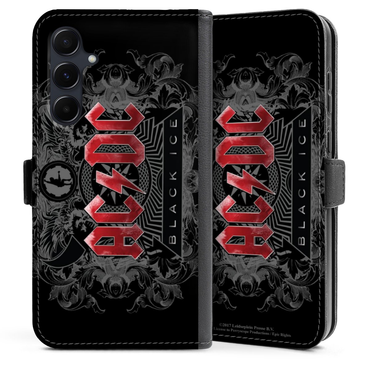 Galaxy A35 5G Handy Klapphülle Handyhülle aus Kunst Leder schwarz Flip Case Merchandise Black Ice Acdc Sideflip mit Lasche