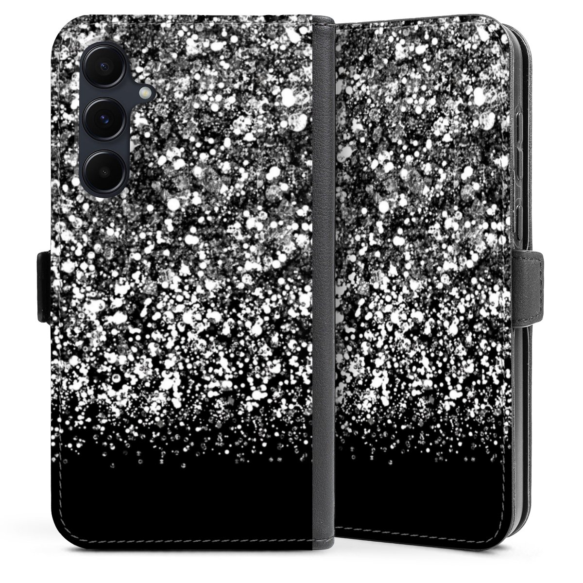 Galaxy A35 5G Handy Klapphülle Handyhülle aus Kunst Leder schwarz Flip Case Glitzer Snowflake Muster Sideflip mit Lasche