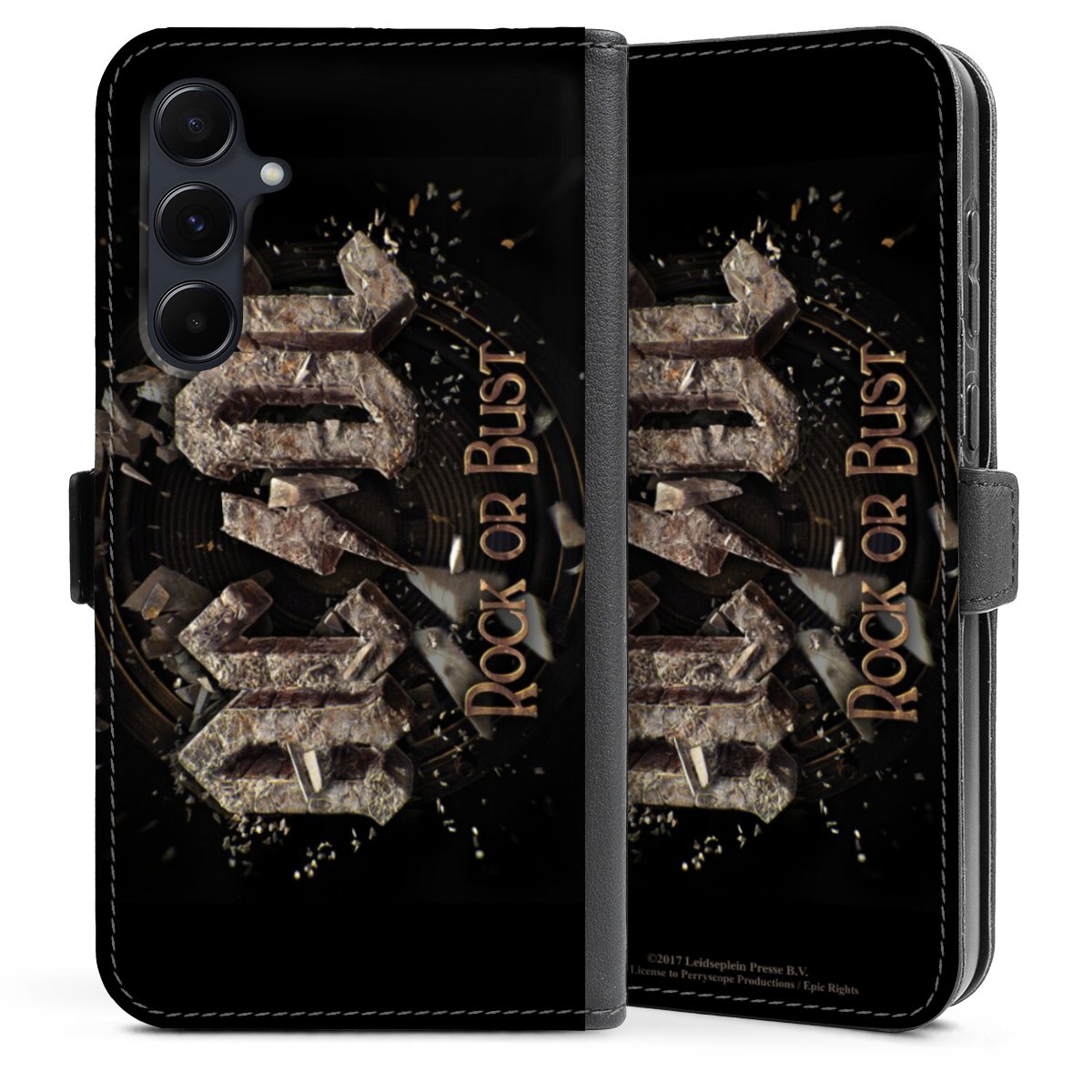 Galaxy A35 5G Handy Klapphülle Handyhülle aus Kunst Leder schwarz Flip Case Acdc Official Licensed Product Rock Or Bust Sideflip mit Lasche