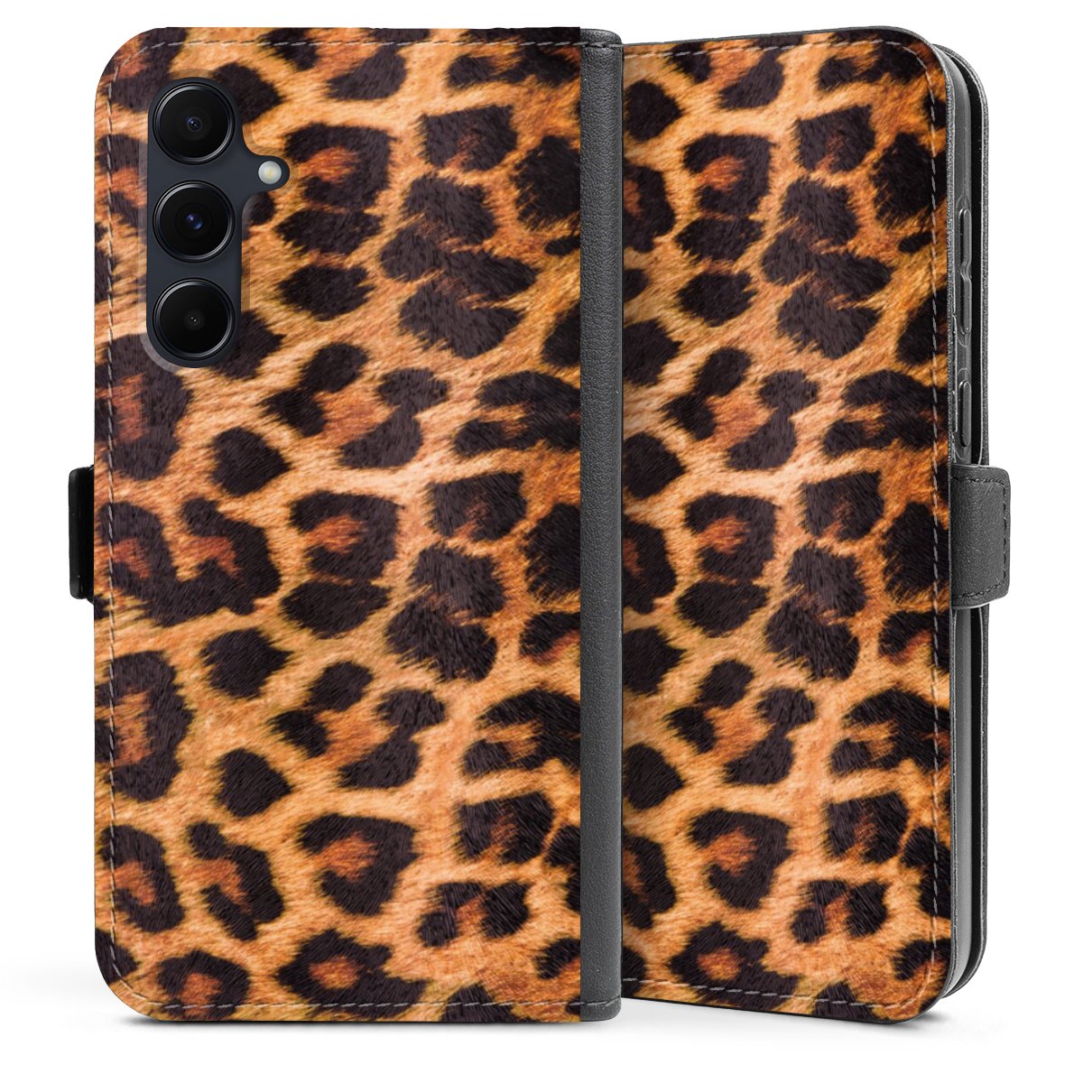 Galaxy A35 5G Handy Klapphülle Handyhülle aus Kunst Leder schwarz Flip Case Animal Print Leopard Fur Sideflip mit Lasche