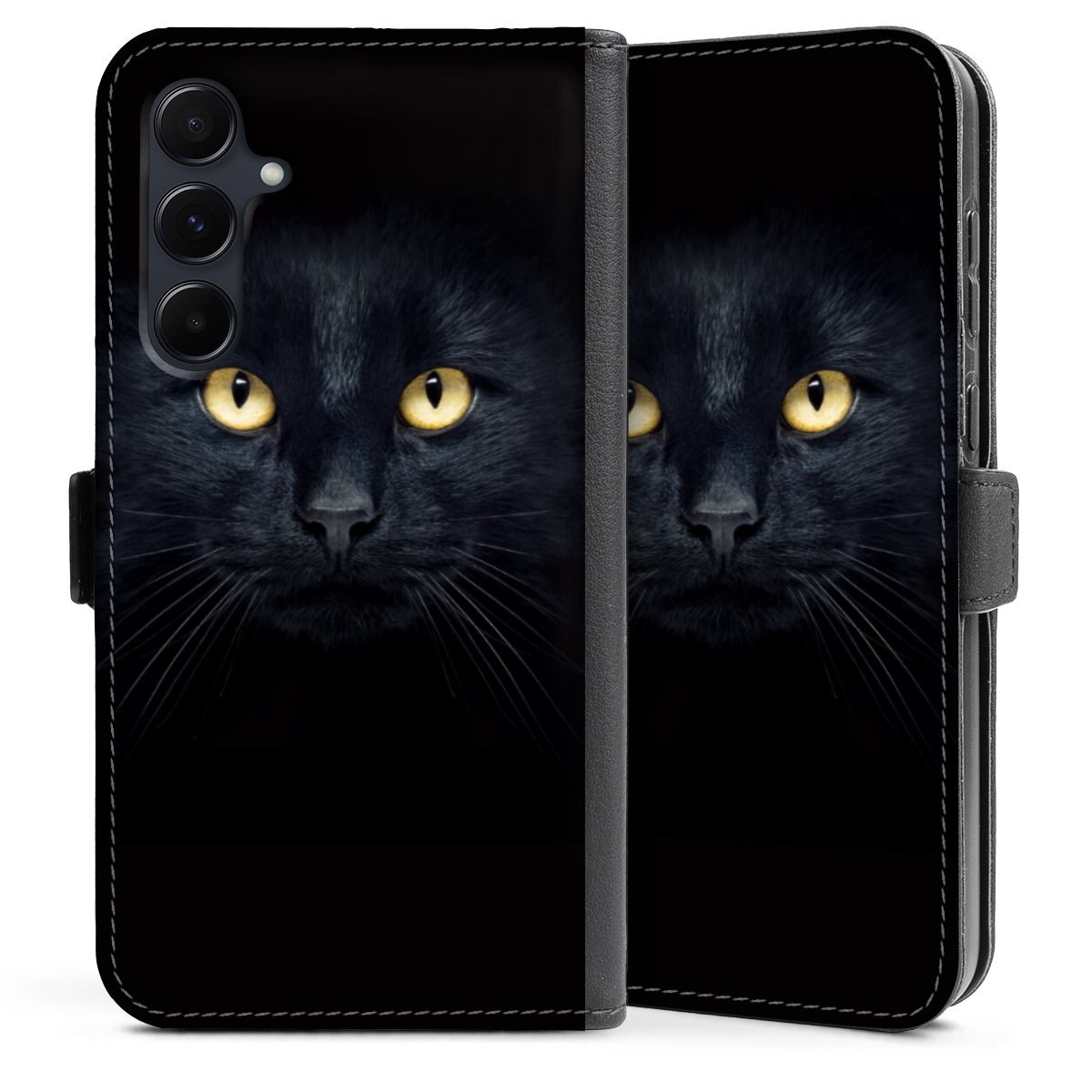 Galaxy A35 5G Handy Klapphülle Handyhülle aus Kunst Leder schwarz Flip Case Eye Cat Black Sideflip mit Lasche