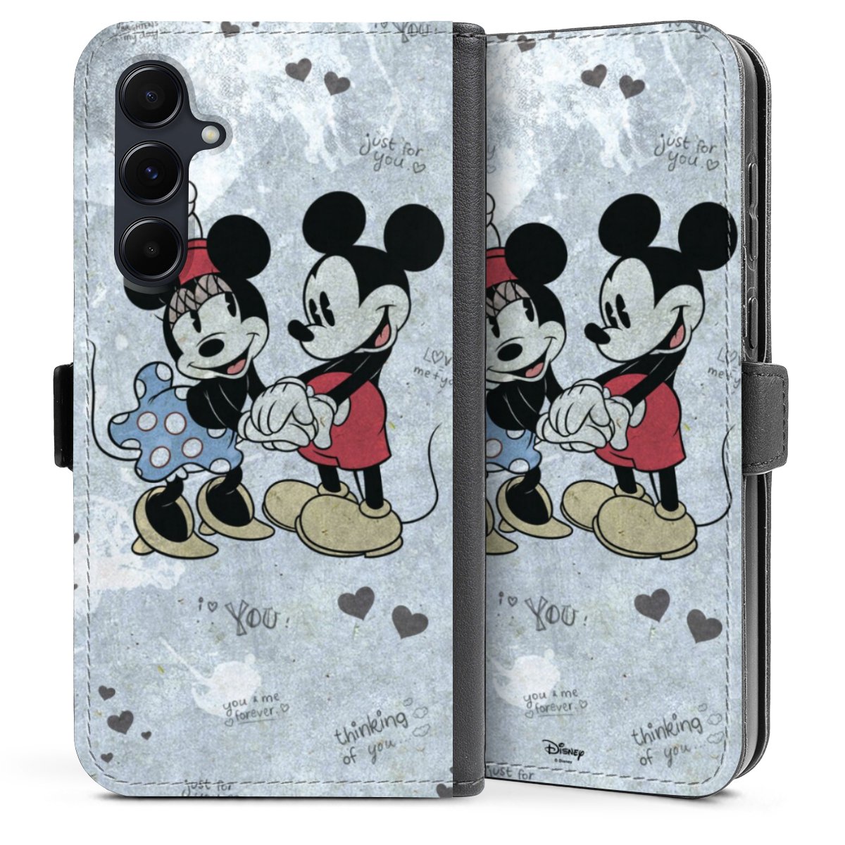 Galaxy A35 5G Handy Klapphülle Handyhülle aus Kunst Leder schwarz Flip Case Mickey & Minnie Mouse Vintage Disney Sideflip mit Lasche