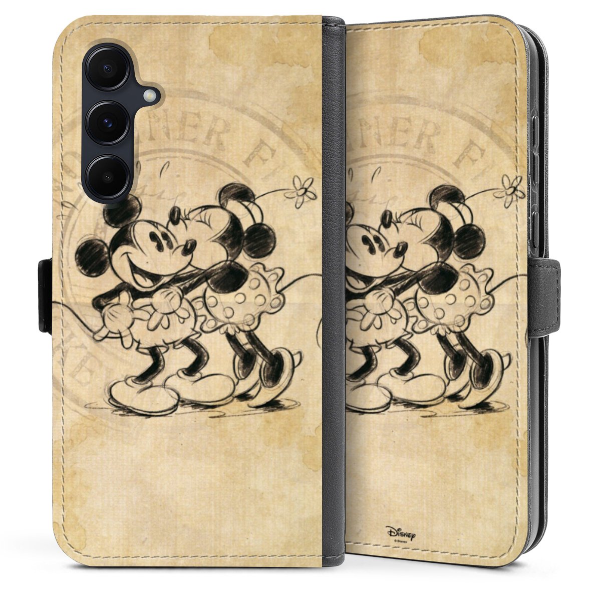 Galaxy A35 5G Handy Klapphülle Handyhülle aus Kunst Leder schwarz Flip Case Mickey Mouse Vintage Minnie Mouse Sideflip mit Lasche