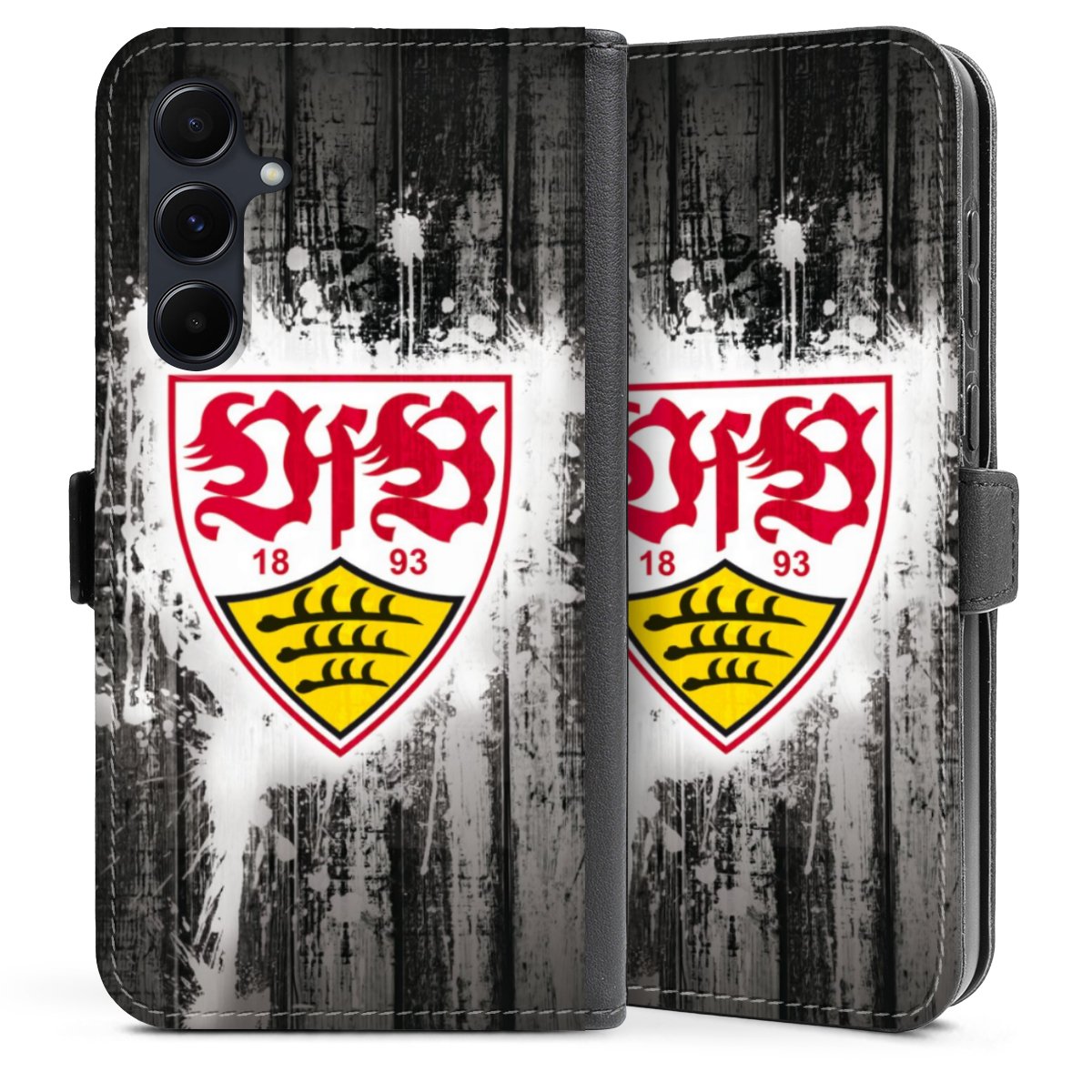 Galaxy A35 5G Handy Klapphülle Handyhülle aus Kunst Leder schwarz Flip Case Vfb Stuttgart Official Licensed Product Sideflip mit Lasche