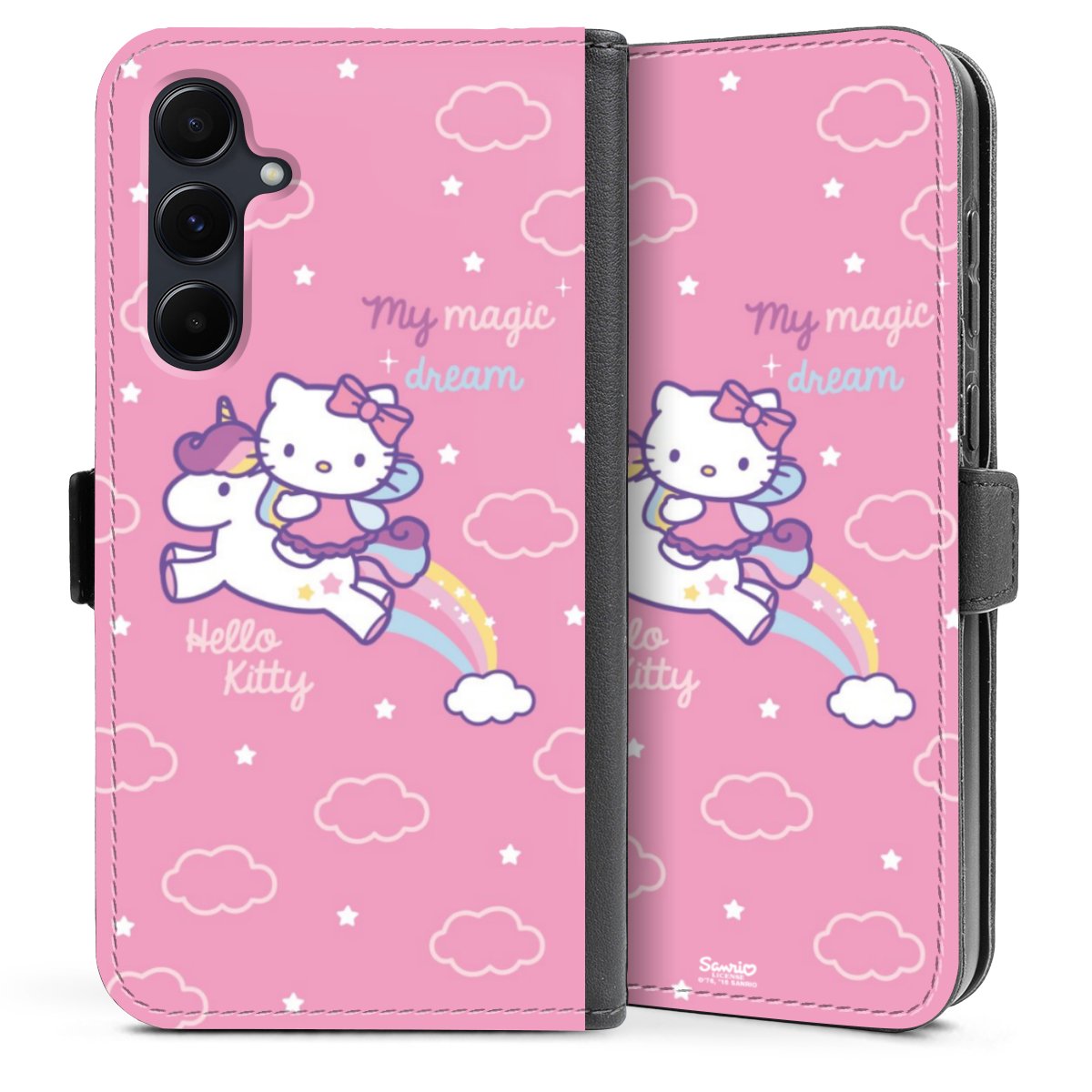 Galaxy A35 5G Handy Klapphülle Handyhülle aus Kunst Leder schwarz Flip Case Einhorn Official Licensed Product Hello Kitty Sideflip mit Lasche