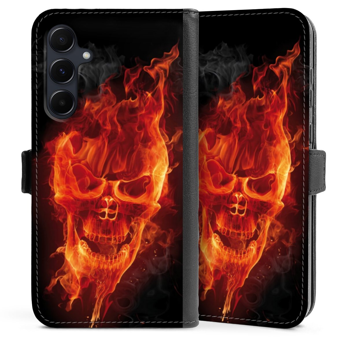 Galaxy A55 5G Handy Klapphülle Handyhülle aus Kunst Leder schwarz Flip Case Totenkopf Skull Fire Sideflip mit Lasche