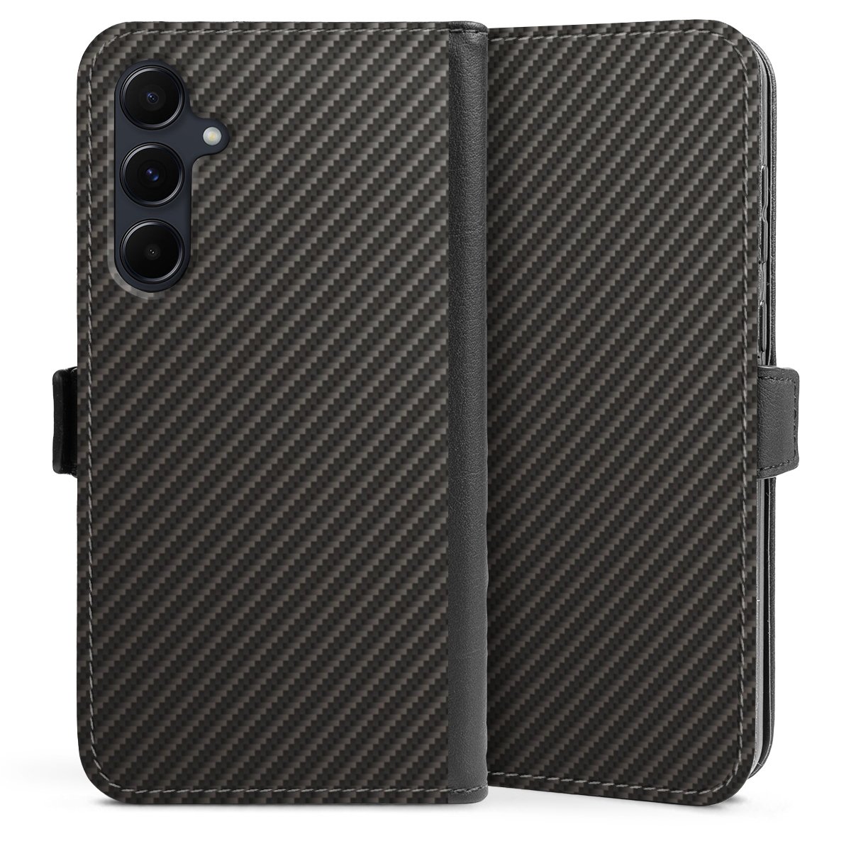 Galaxy A55 5G Handy Klapphülle Handyhülle aus Kunst Leder schwarz Flip Case Metallic Look Carbon Muster Sideflip mit Lasche