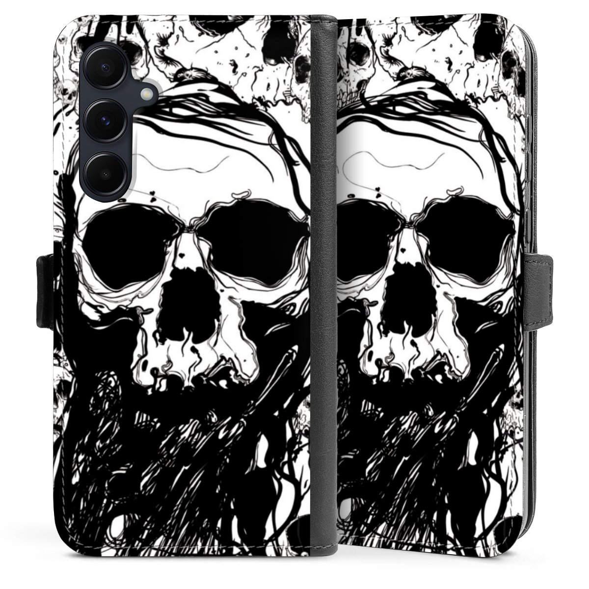 Galaxy A55 5G Handy Klapphülle Handyhülle aus Kunst Leder schwarz Flip Case Totenkopf Halloween Sideflip mit Lasche