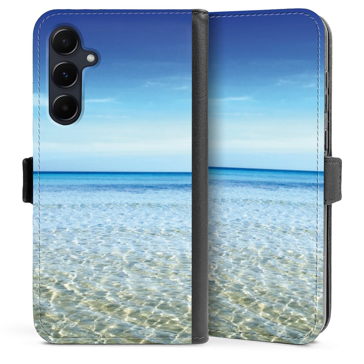 Galaxy A55 5G Handy Klapphülle Handyhülle aus Kunst Leder schwarz Flip Case Urlaub Sky Ocean Sideflip mit Lasche