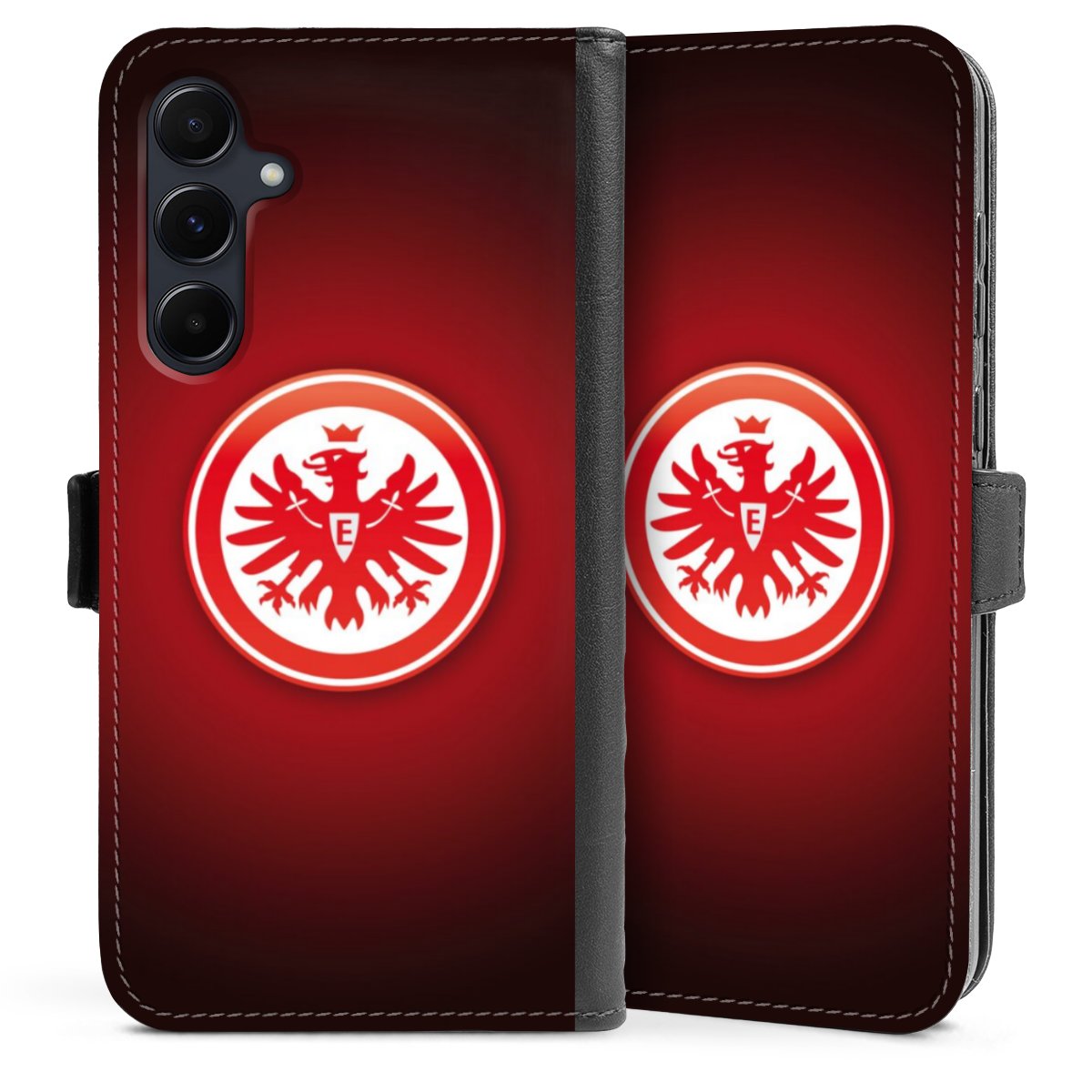 Galaxy A55 5G Handy Klapphülle Handyhülle aus Kunst Leder schwarz Flip Case Eintracht Frankfurt Official Licensed Product Coat Of Arms Sideflip mit Lasche